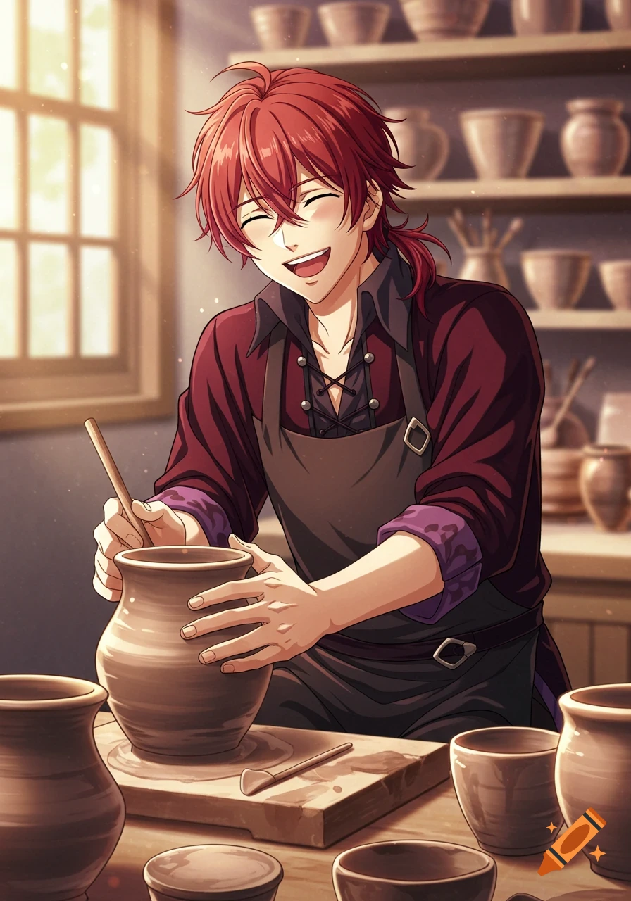 Anime illustration of a red-haired man smiling happily while making pottery in a workshop.
