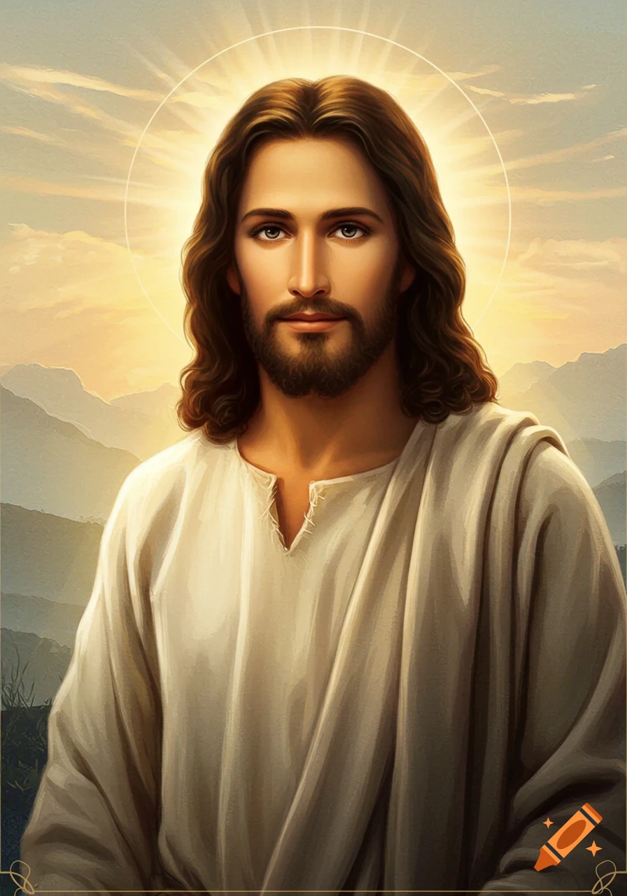 Portrait of Jesus with long brown hair and beard, wearing a white robe, with a halo and bright light behind him, against a mountain landscape.