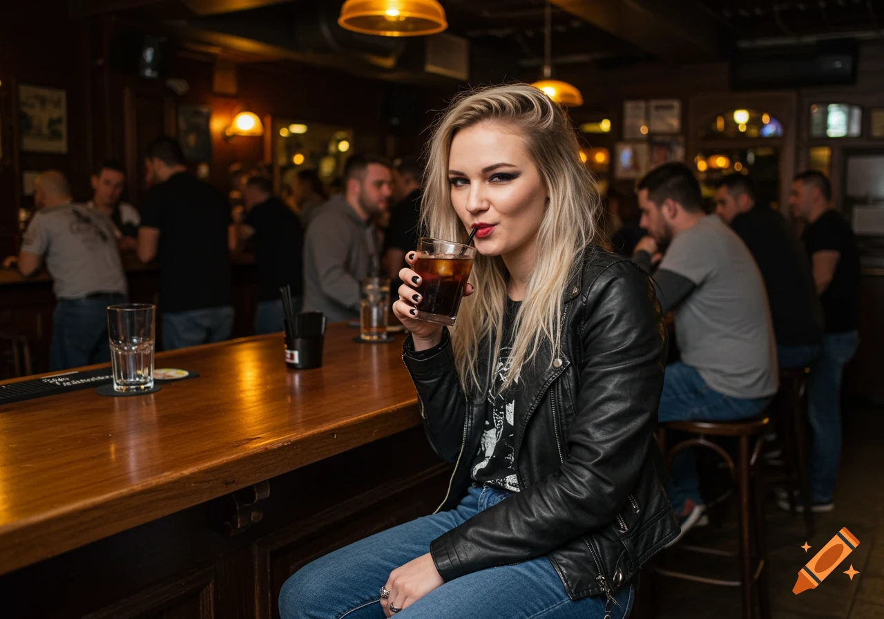 Young woman with blonde hair, wearing a leather jacket, sits at a bar with a drink.