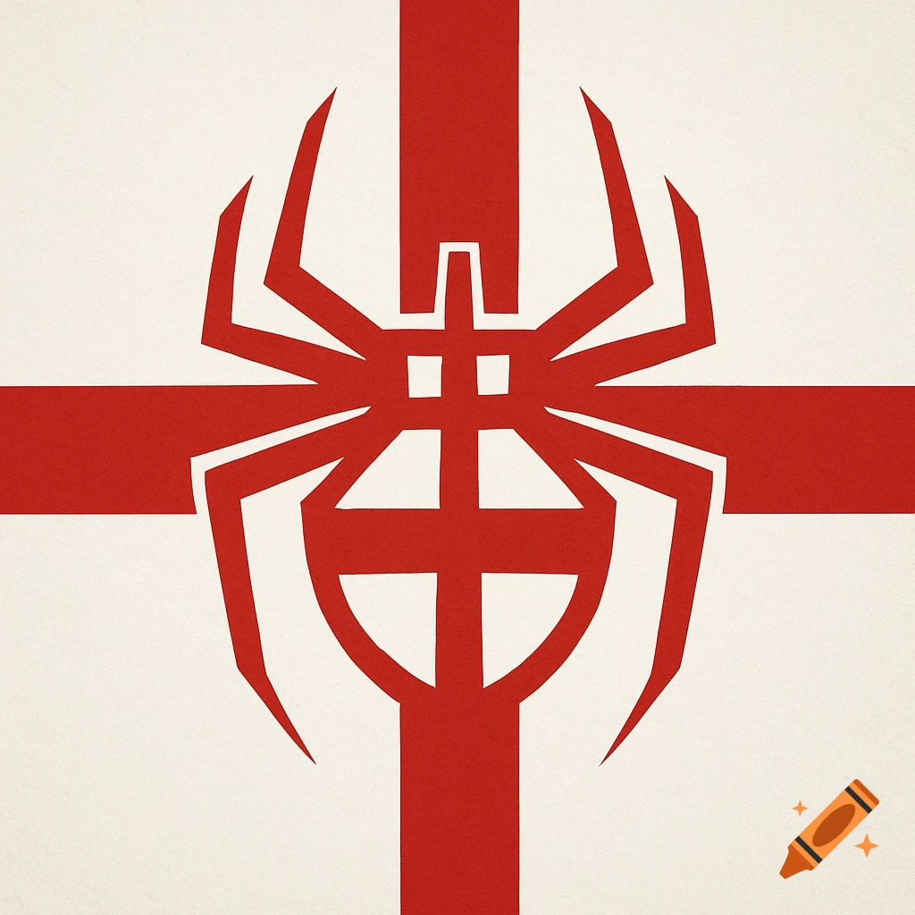 A red spider symbol integrated with a St George's cross on a white background.