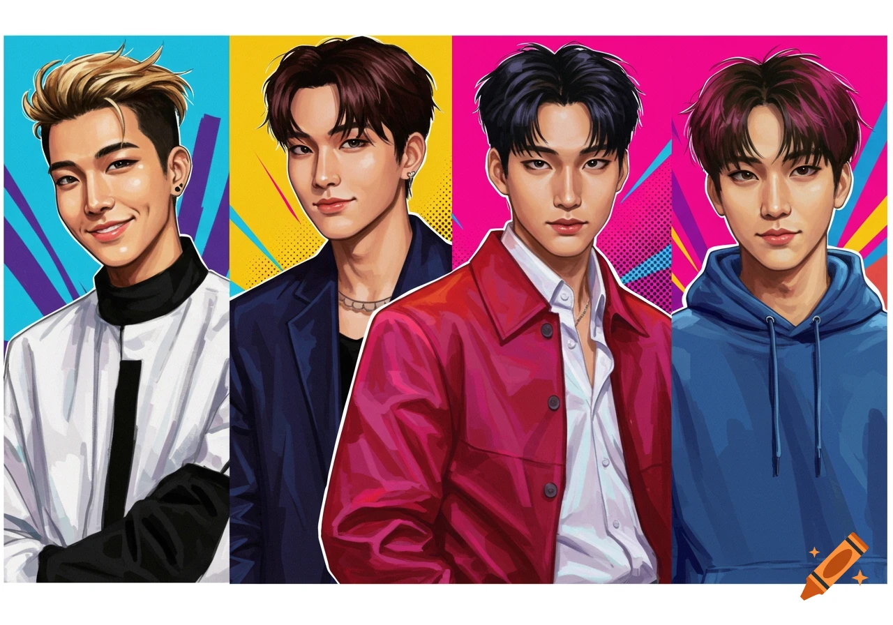 Illustration of four young men in Kpop style against a colorful pop art background.