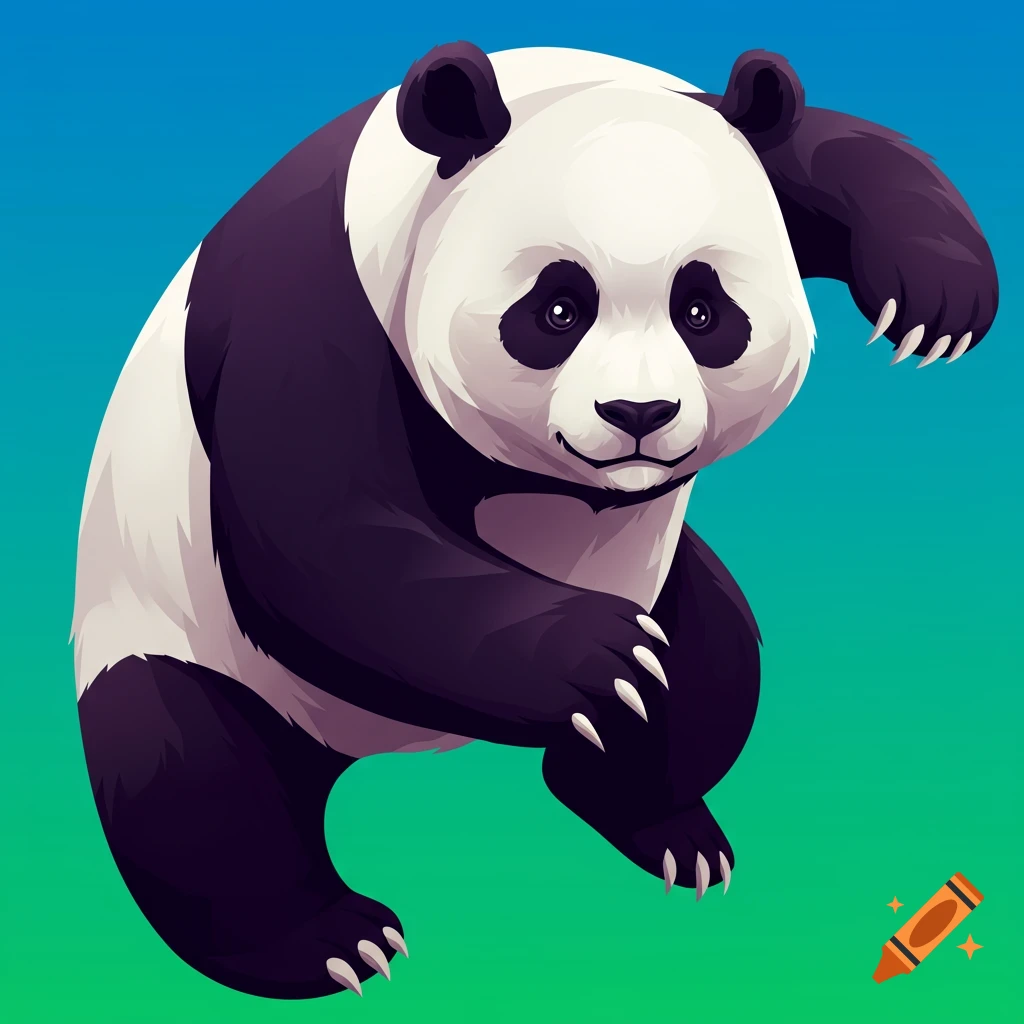 Vector illustration of a panda in a dynamic pose against a gradient background.