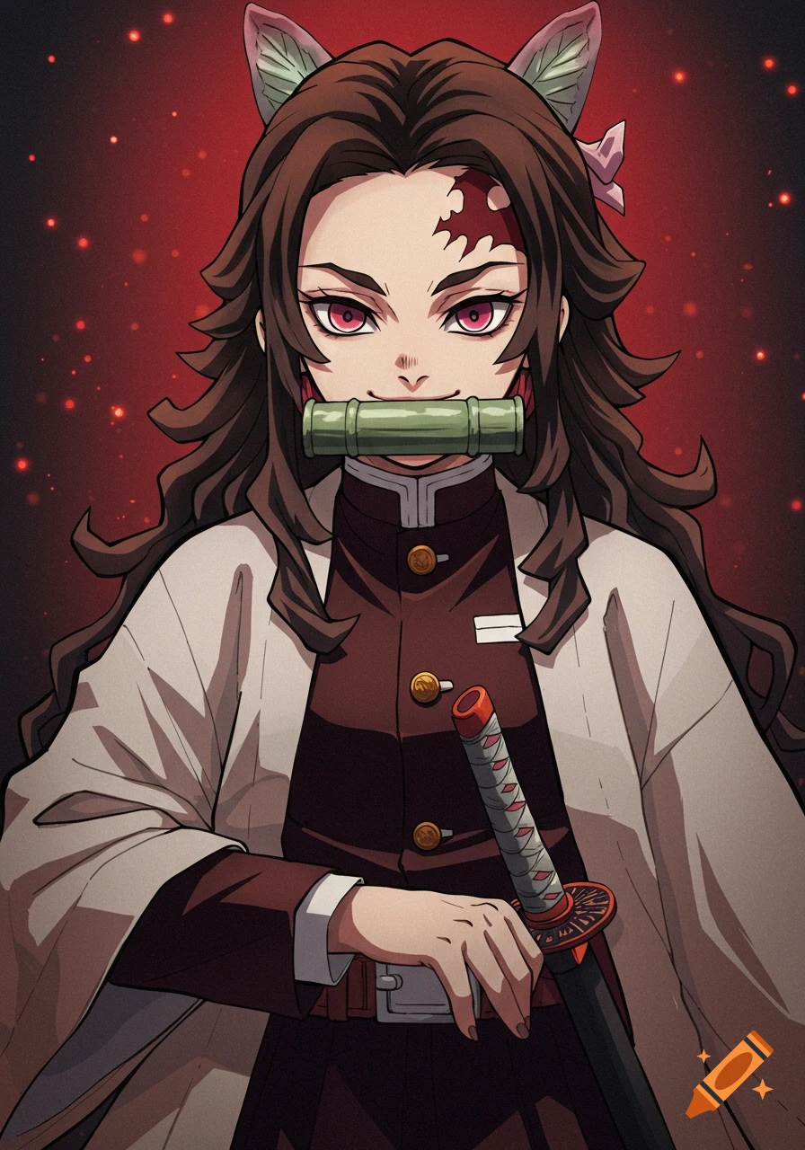 Anime portrait of a Demon Slayer character with cat ears, bamboo muzzle, and sword