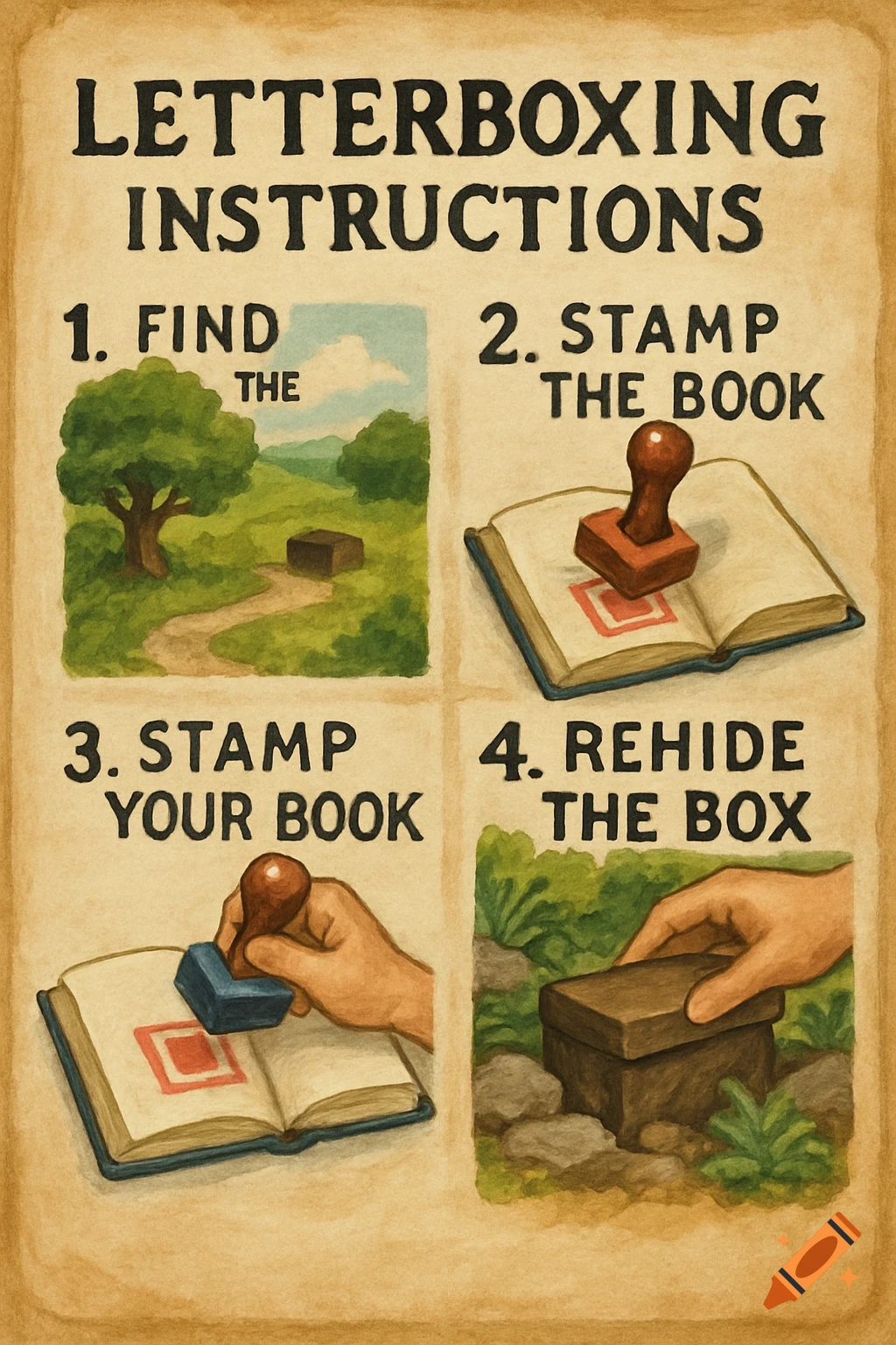 Watercolor illustration showing four steps for letterboxing: finding box, stamping book, stamping your book, rehiding box.