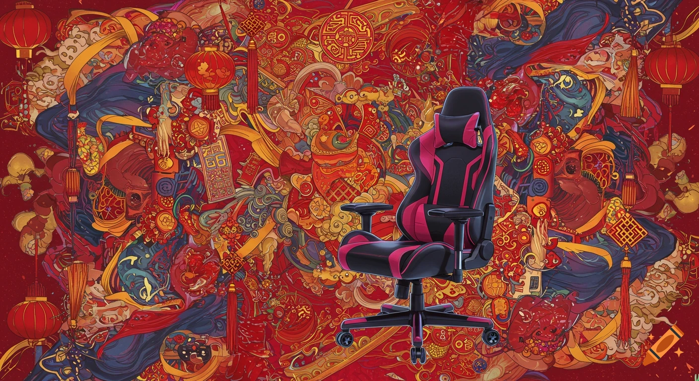 A black and pink gaming chair sits before a background of ornate red and gold Chinese patterns.