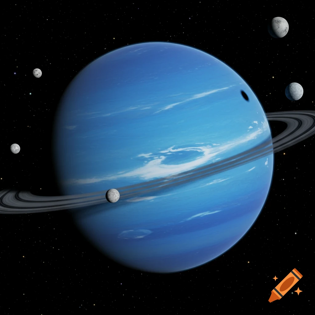 A large blue planet with rings and several moons against a black, star ...