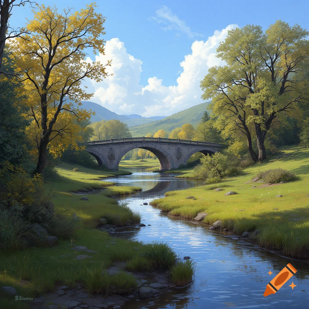 Realistic painting of a river flowing under a stone bridge in a green valley with trees and hills.
