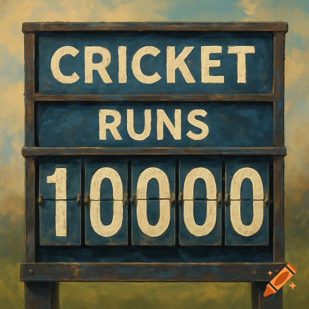 A vintage cricket scoreboard displaying 'CRICKET RUNS 10000', rendered in a textured painting style.