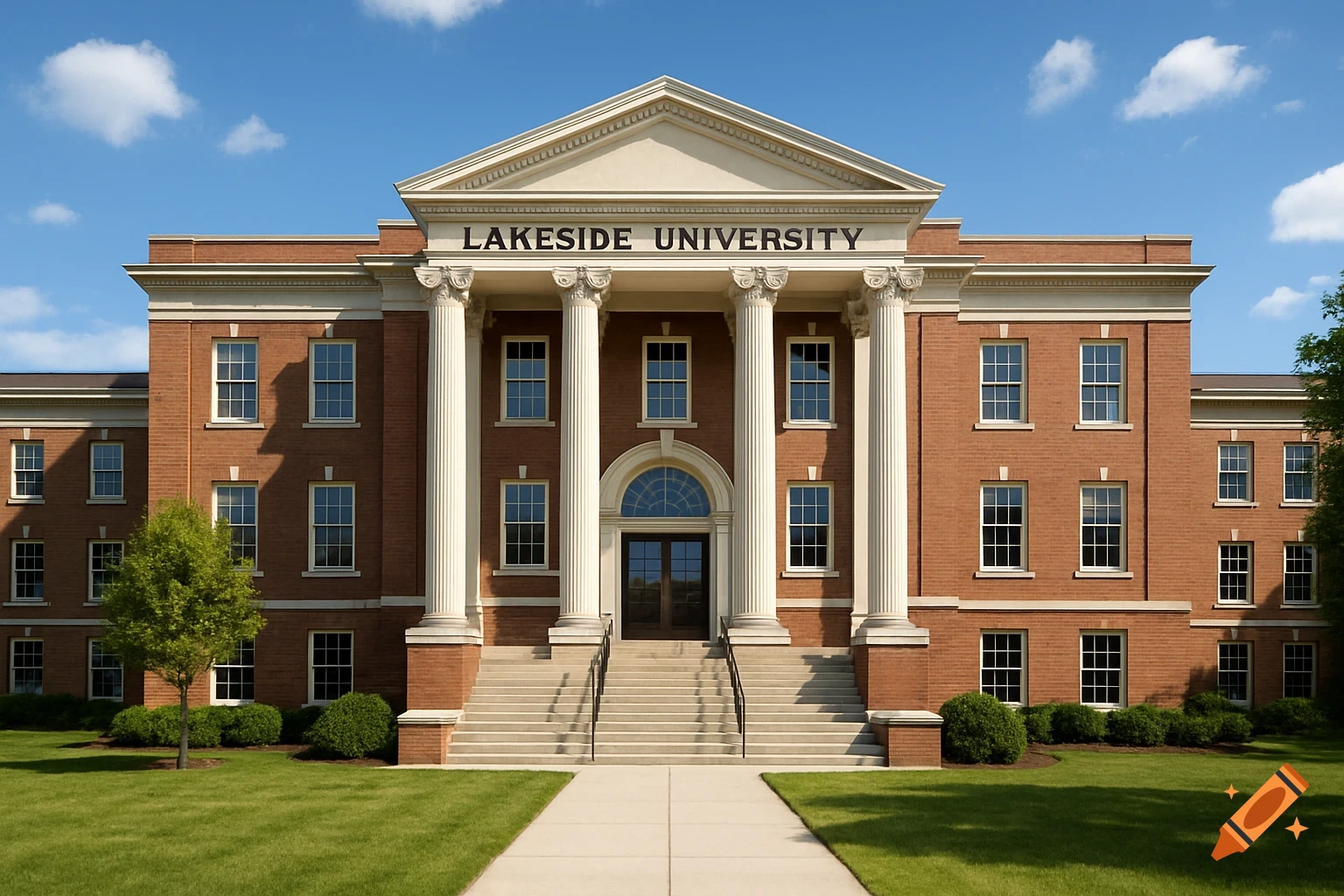 Front view of a red brick university building with white columns and steps under a blue sky.