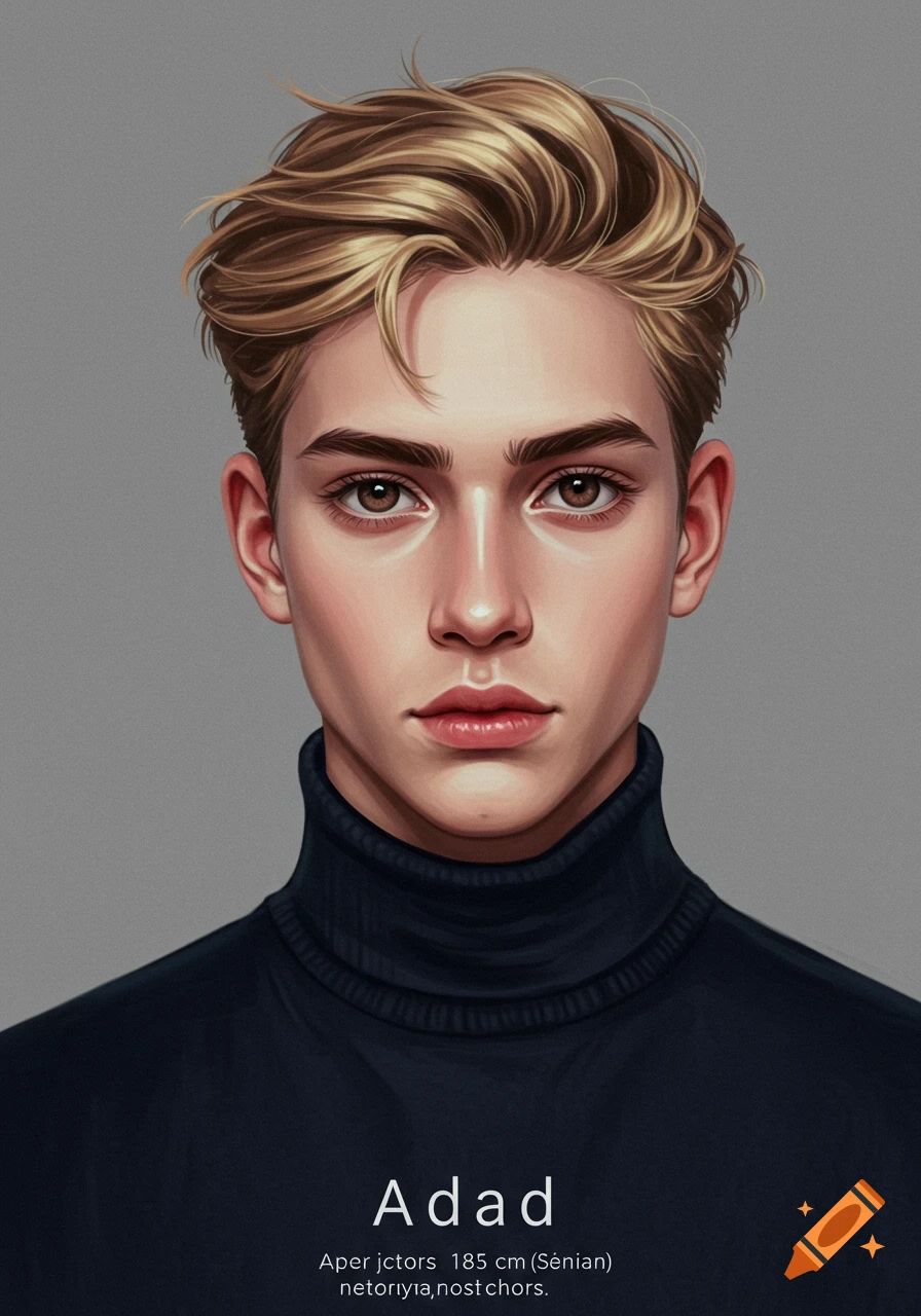 Realistic digital painting portrait of a young man with blond hair and brown eyes wearing a dark turtleneck.