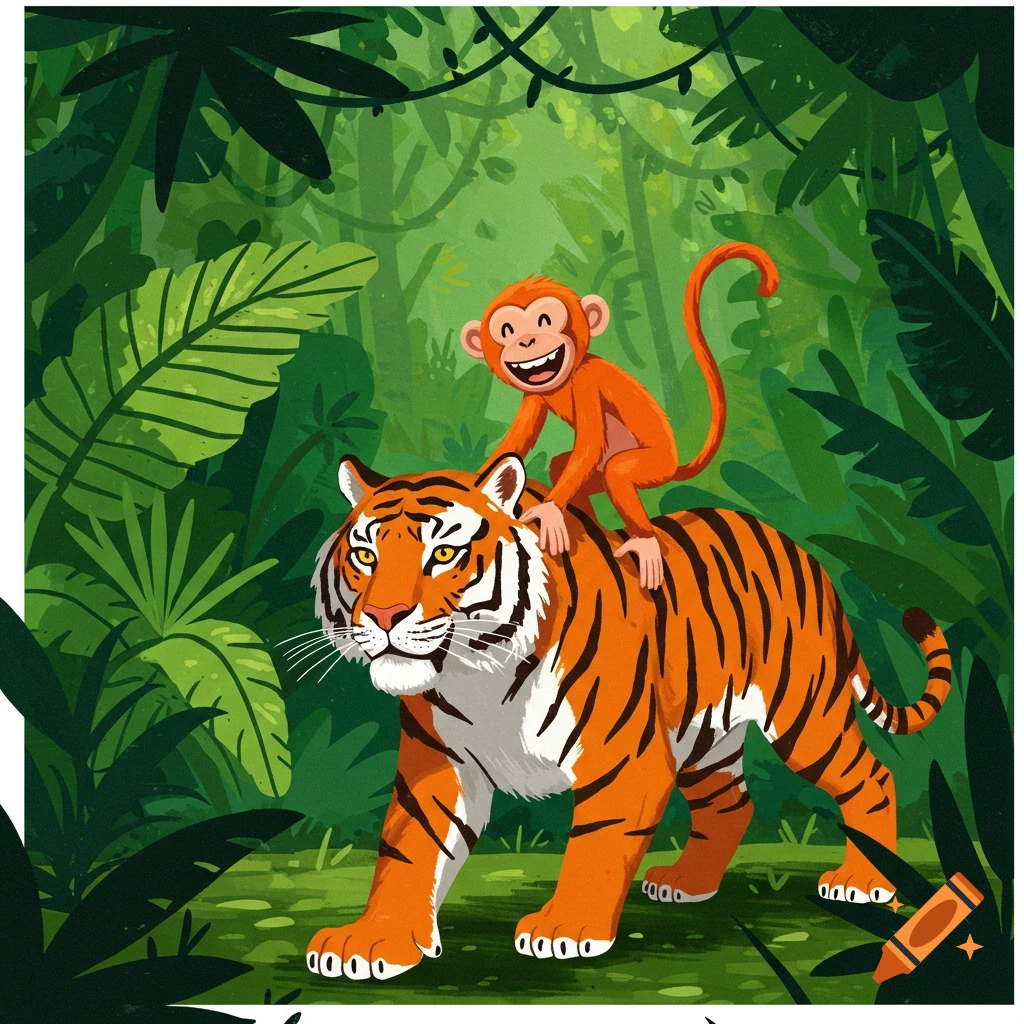 Cartoon illustration of a monkey riding on the back of a tiger walking ...