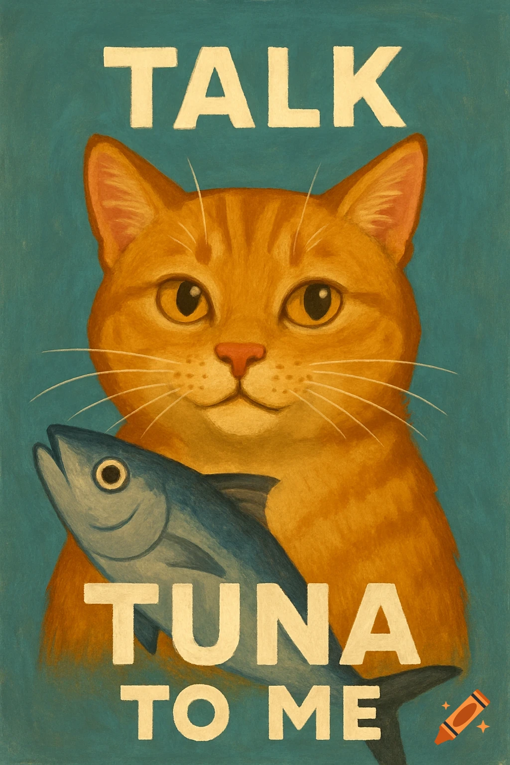 An orange cat holding a fish with the text 'TALK TUNA TO ME' in an illustrative style.