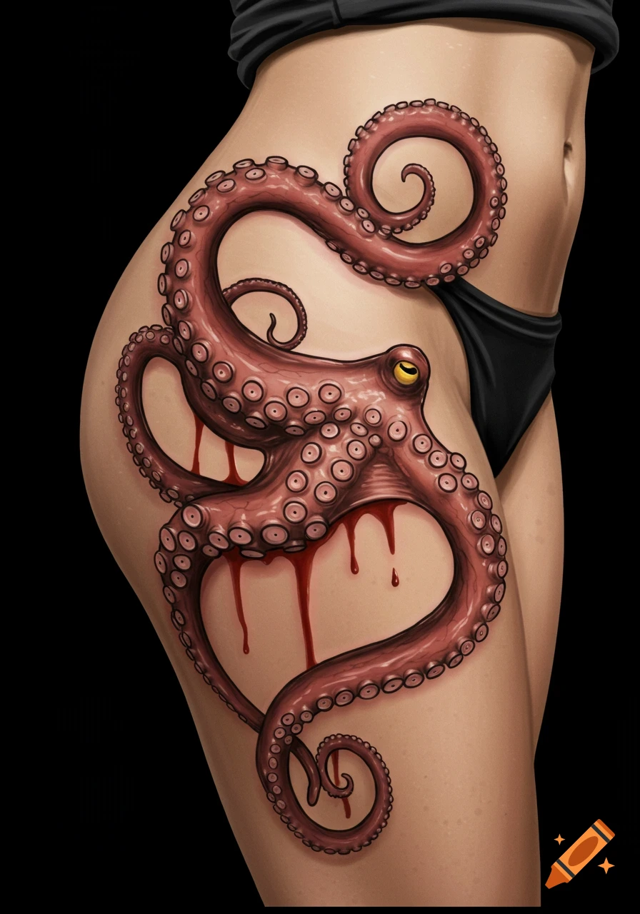 Illustration of a red octopus tattoo with blood drips on a person's hip.