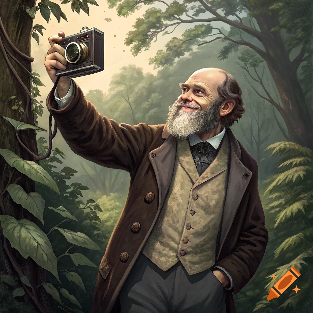 Historical figure taking a selfie with an old camera in a forest.