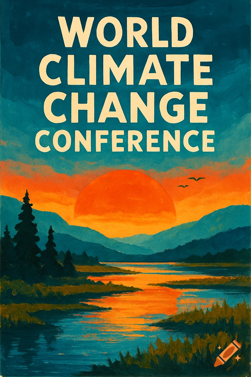 A stylized poster shows a sunset landscape with a lake, trees, and mountains, with text 'World Climate Change Conference'.