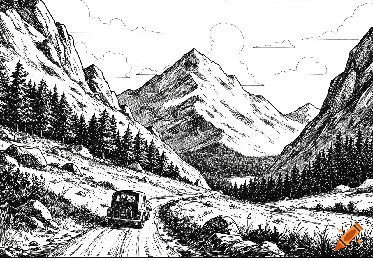 Black and white illustration of a car driving on a road through a mountain landscape.
