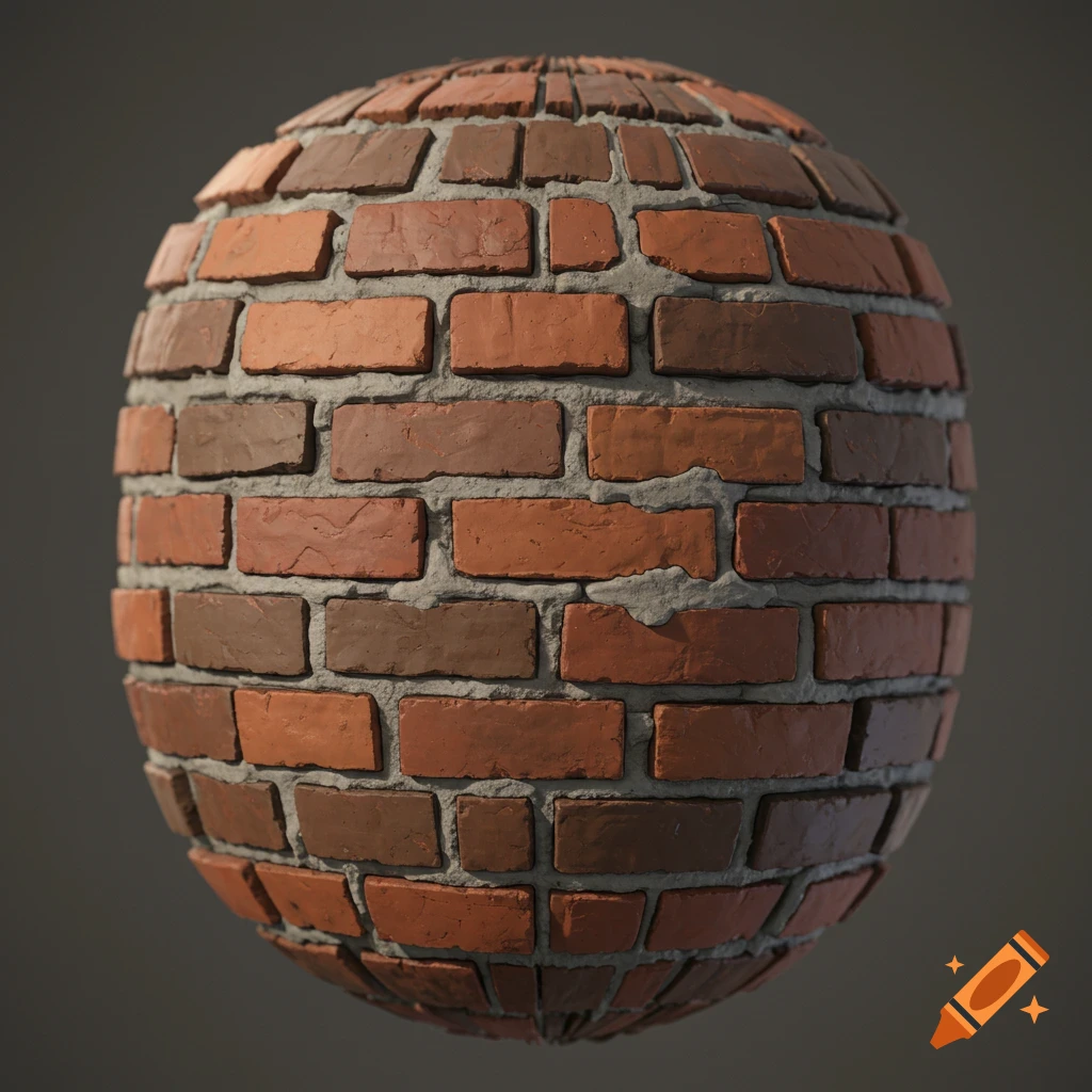 A sphere covered in detailed red and brown brick texture with gray mortar.