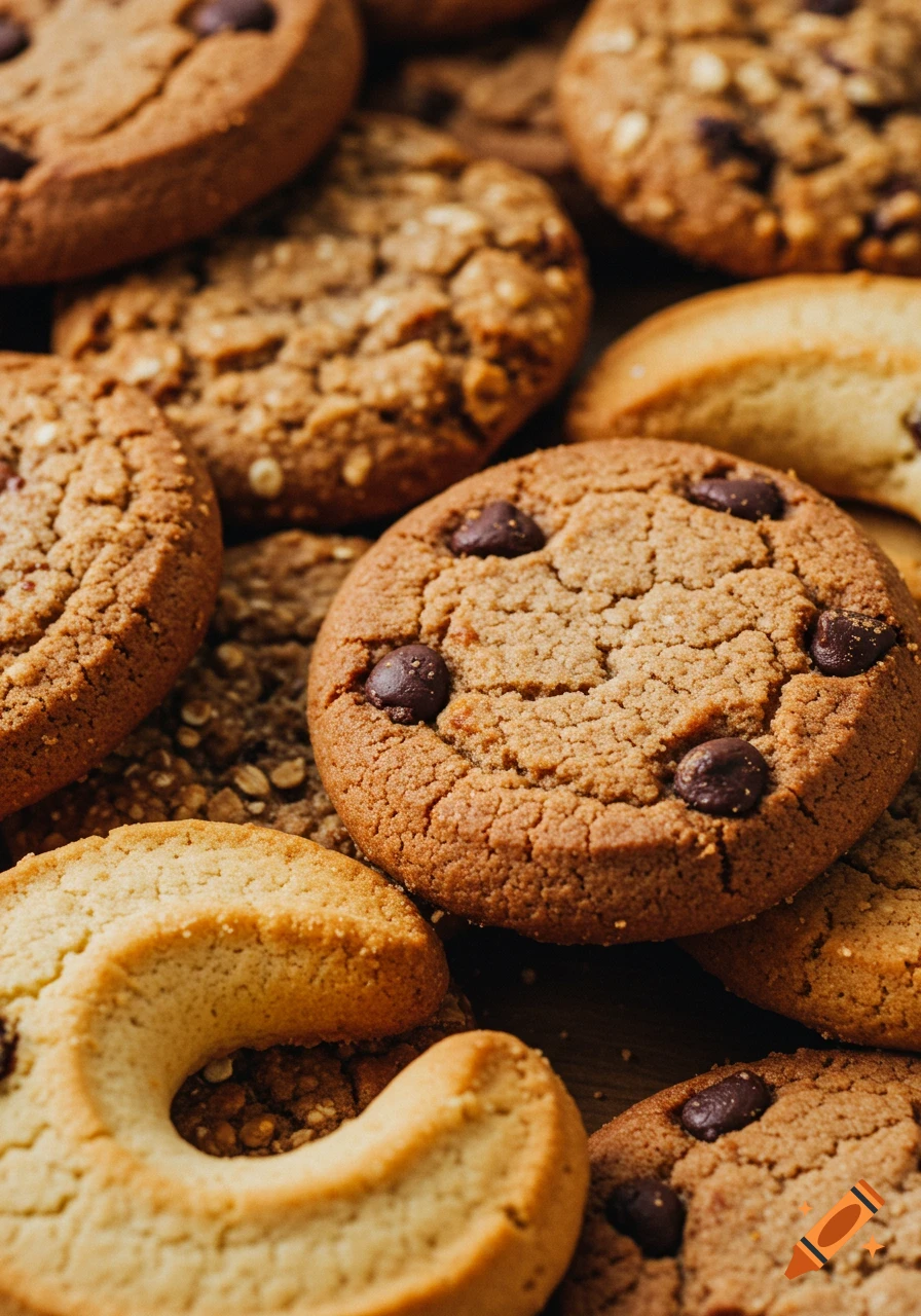 Close-up photorealistic image of various cookies, including chocolate chip and shortbread.