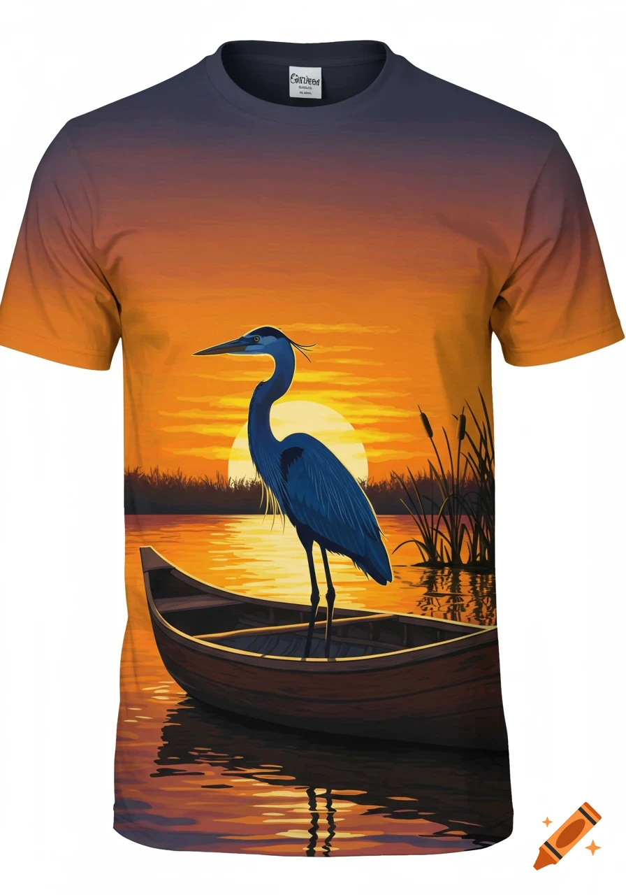 Illustrative blue heron standing in a boat on a lake at sunset.