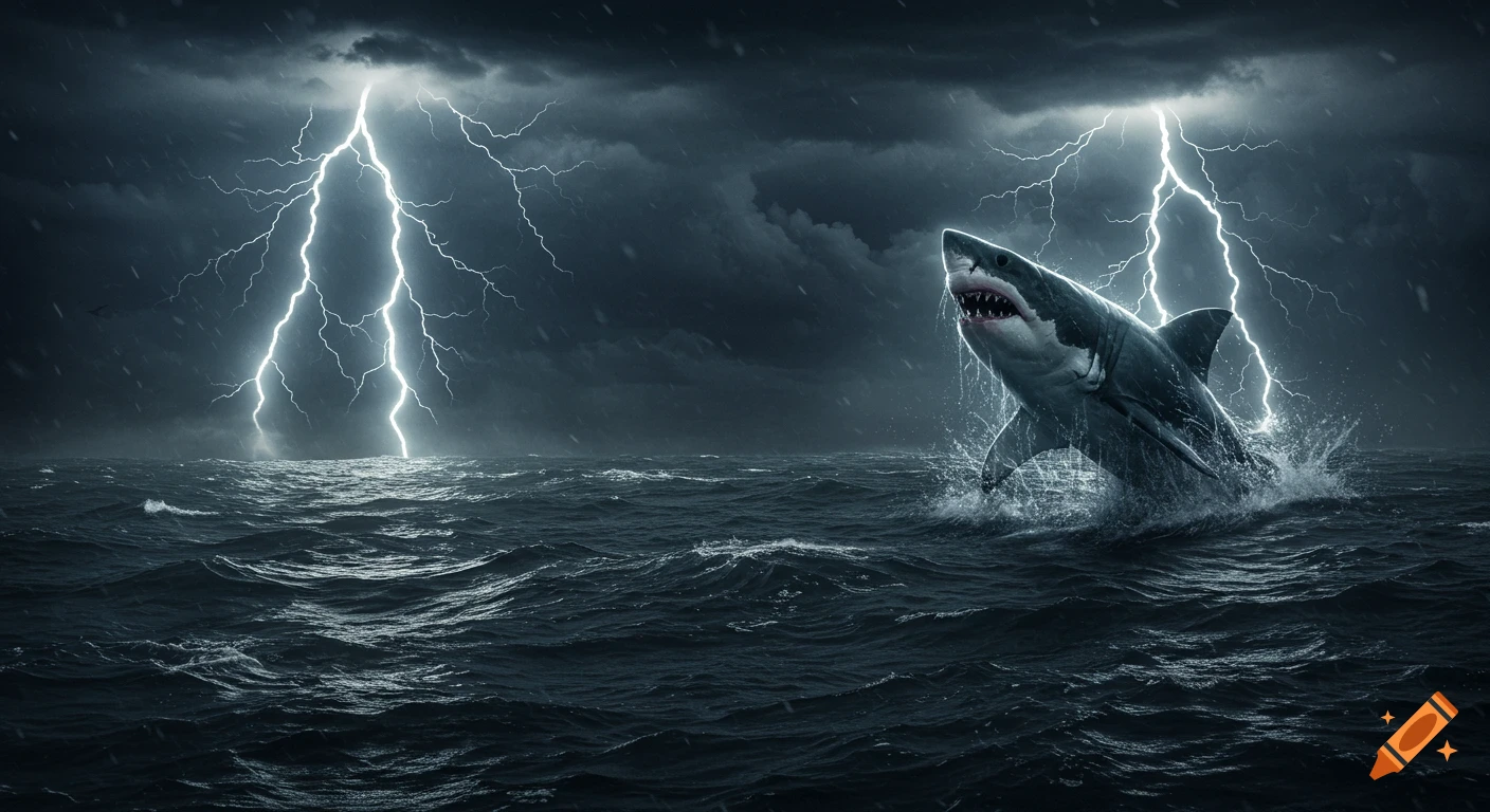 A shark jumps from dark, stormy ocean water with bright lightning bolts in the sky.
