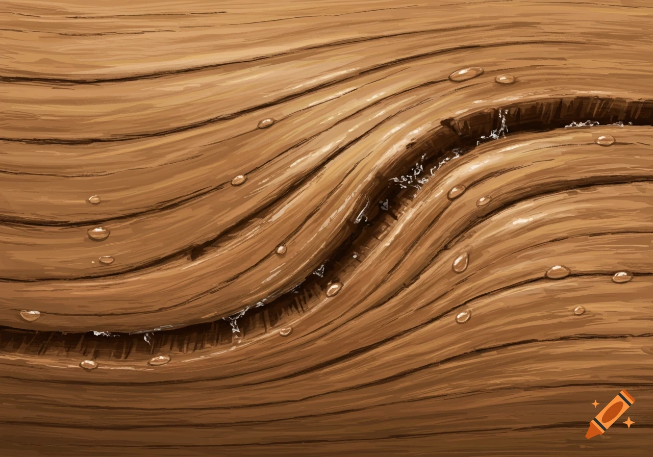 Close-up of warped wooden planks with water droplets and dripping water in a crack.