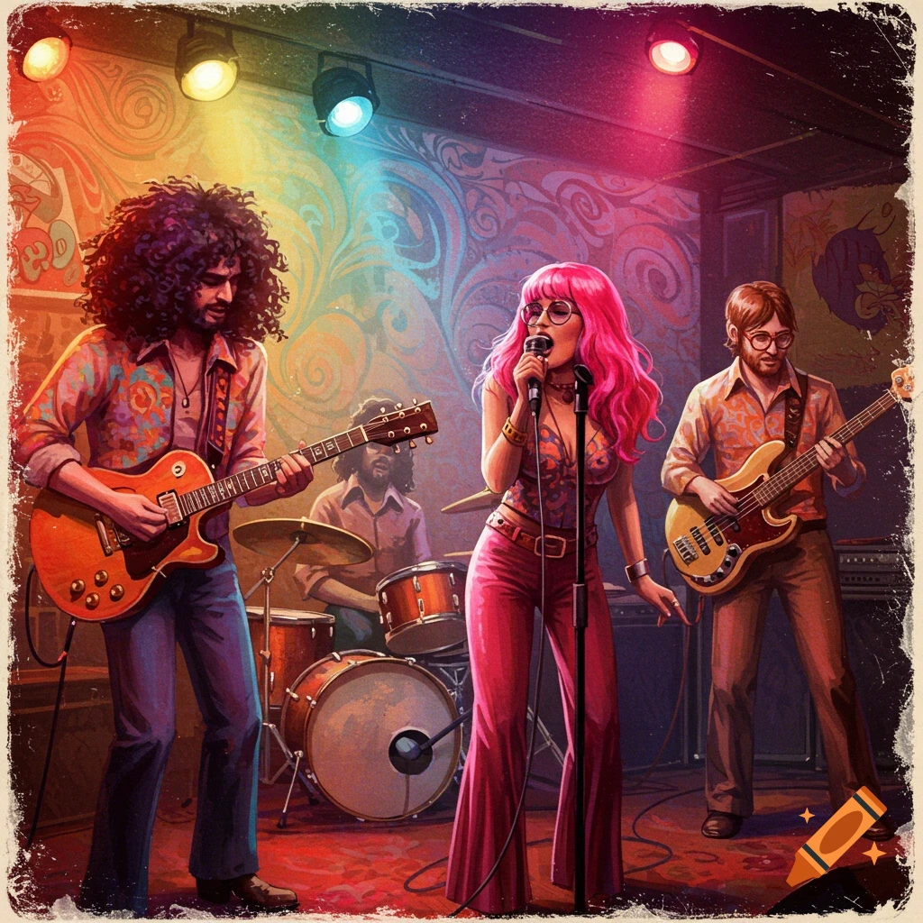 A band with colorful lighting playing on stage in a psychedelic, vintage style.