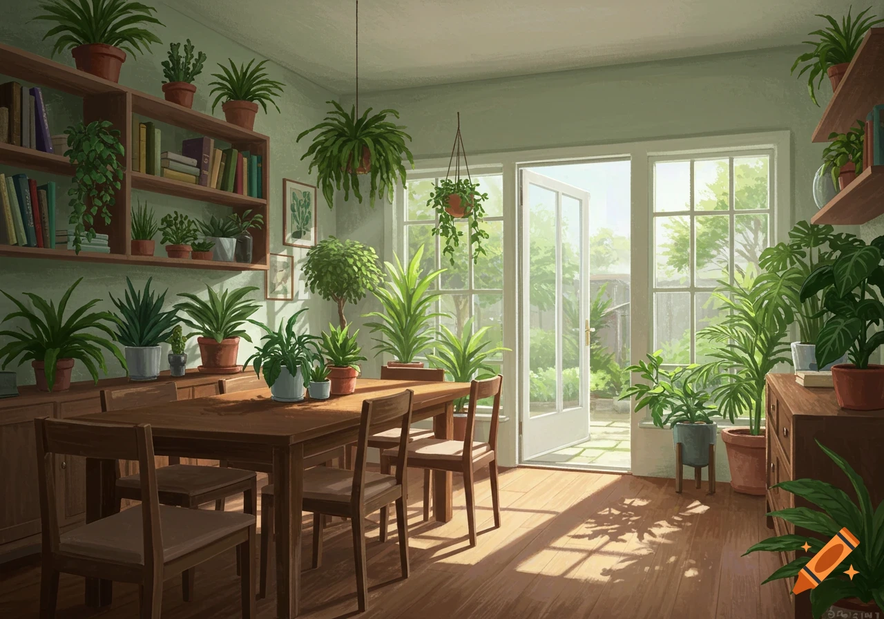 An indoor dining room filled with many potted plants, books on shelves, and sunlight streaming through a large window.