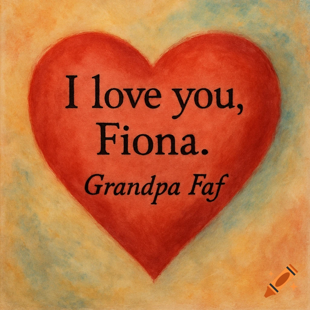 A red heart on a textured background contains the text 'I love you, Fiona. Grandpa Faf'.