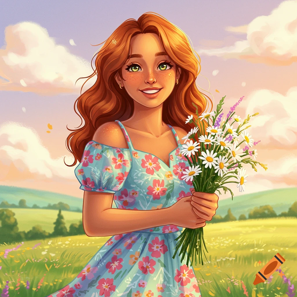 Illustration of a smiling woman with red hair in a floral dress ...