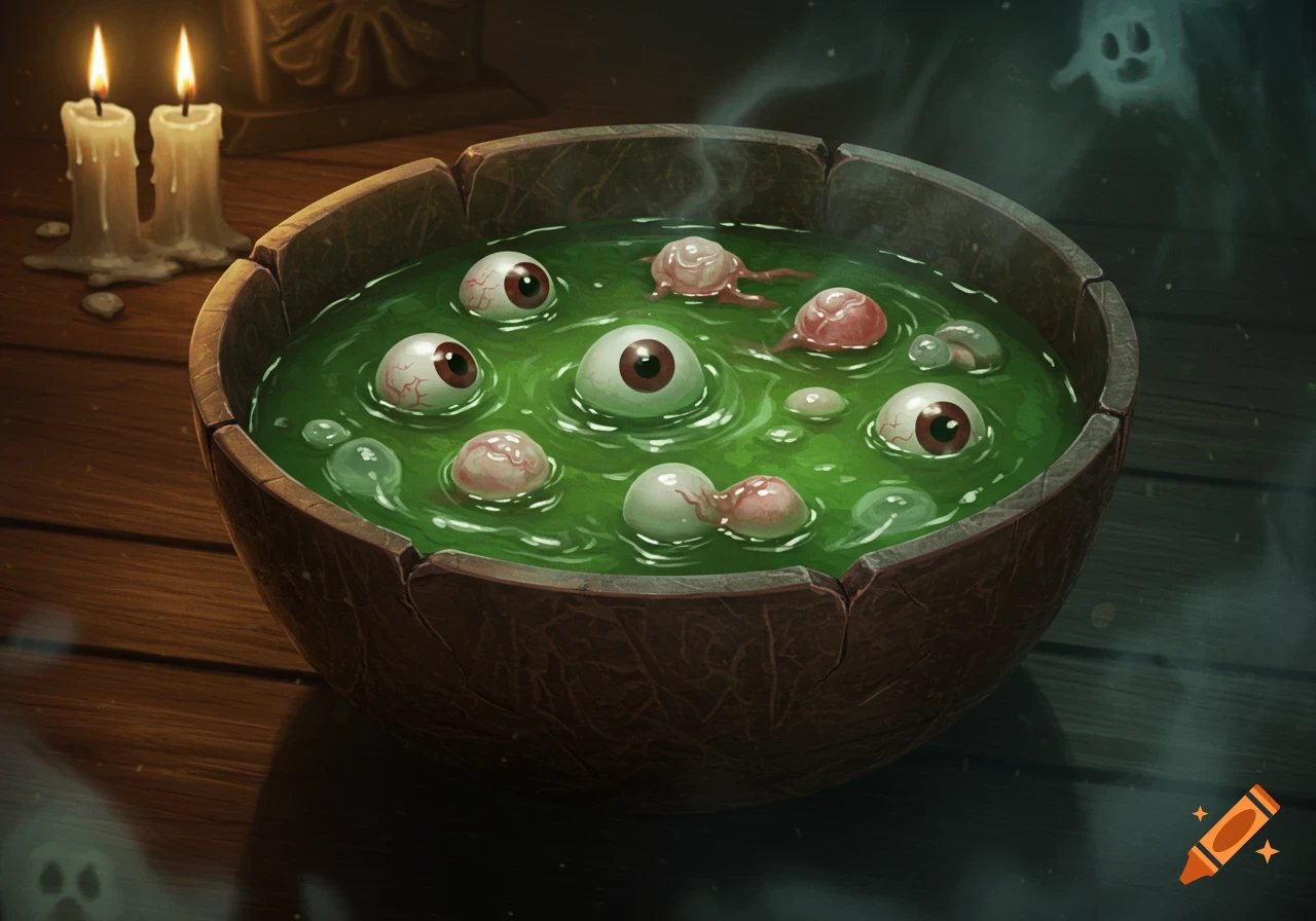 A bowl of green soup with floating eyeballs and organs, lit by candles, with spooky ghost figures in the smoke.