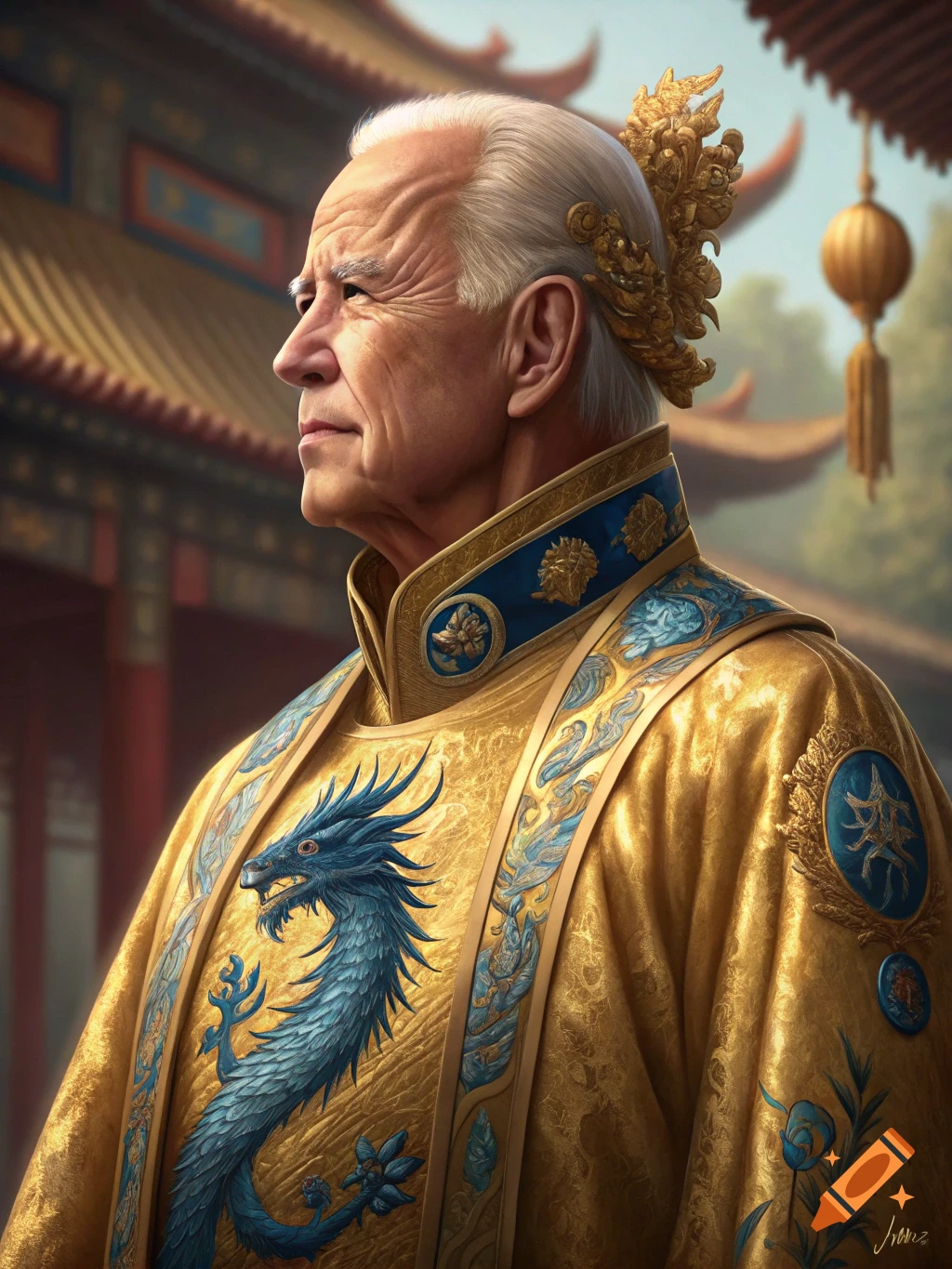 Portrait of Joe Biden wearing golden Chinese emperor robes with a blue dragon design.