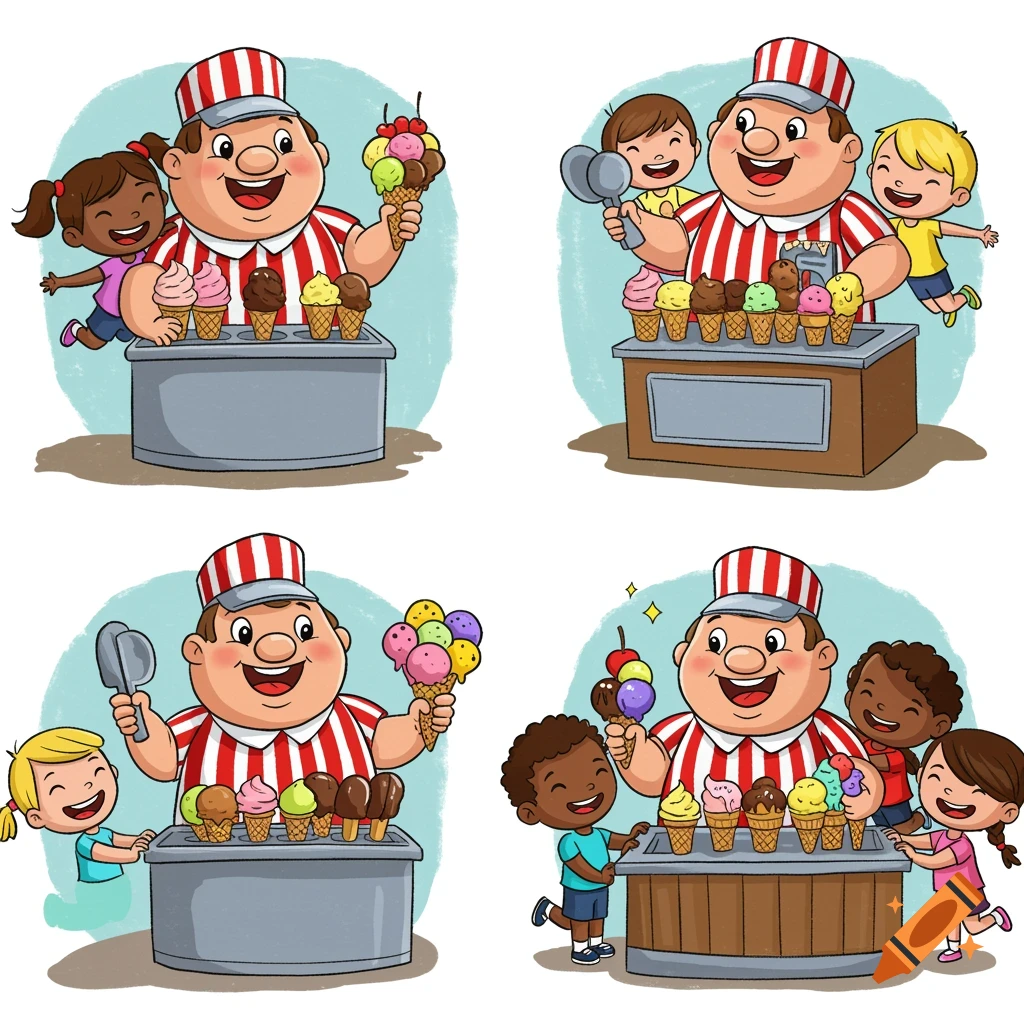 Cartoon ice cream seller serves happy children different ice cream cones.
