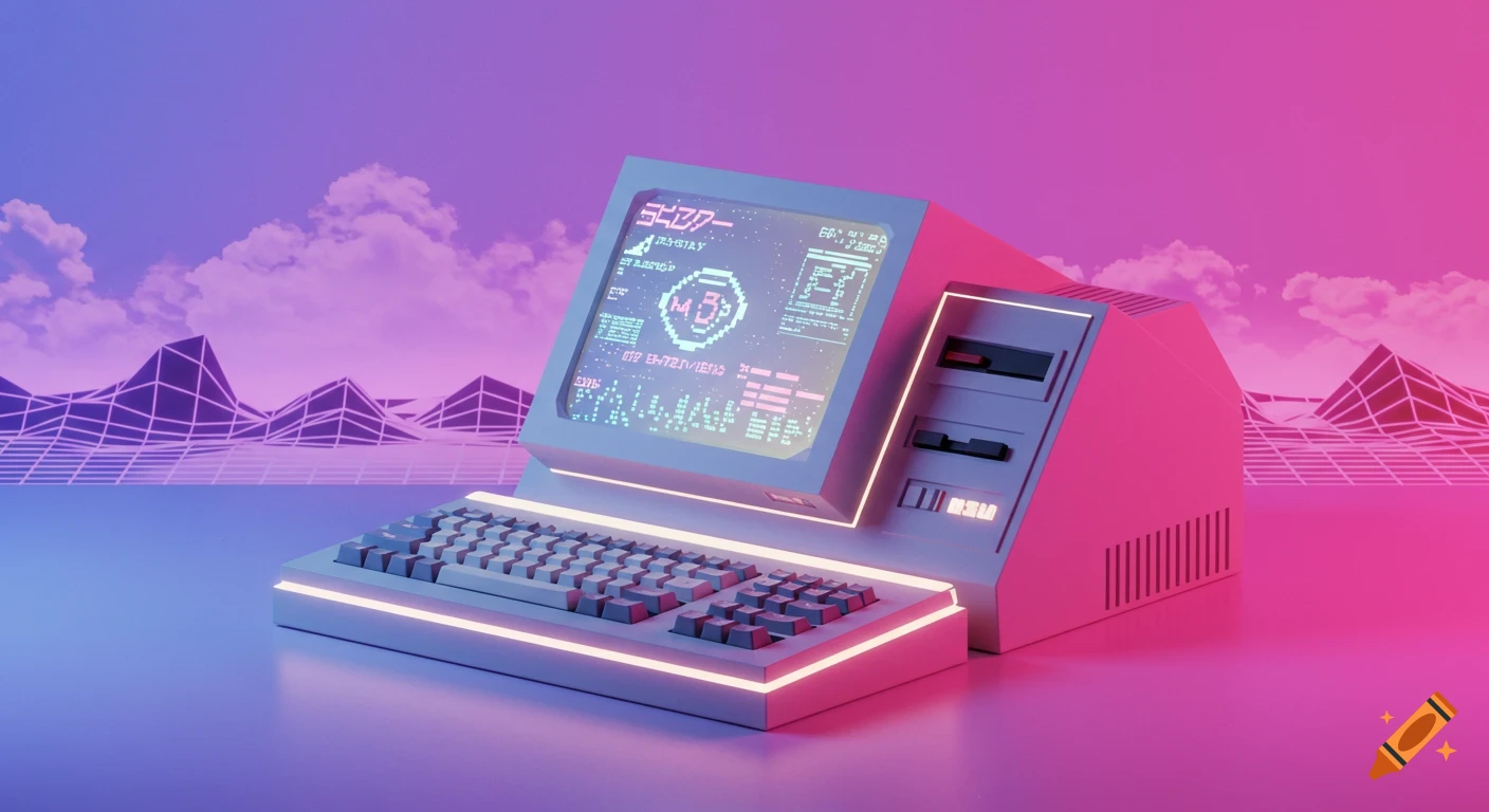 A 3D rendered retro computer in a vaporwave setting with wireframe mountains and gradient sky.