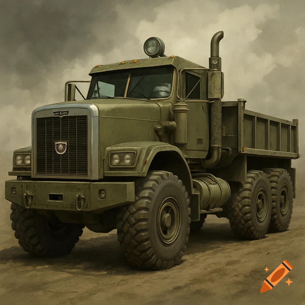 Olive green military dump truck on dirt under cloudy sky.