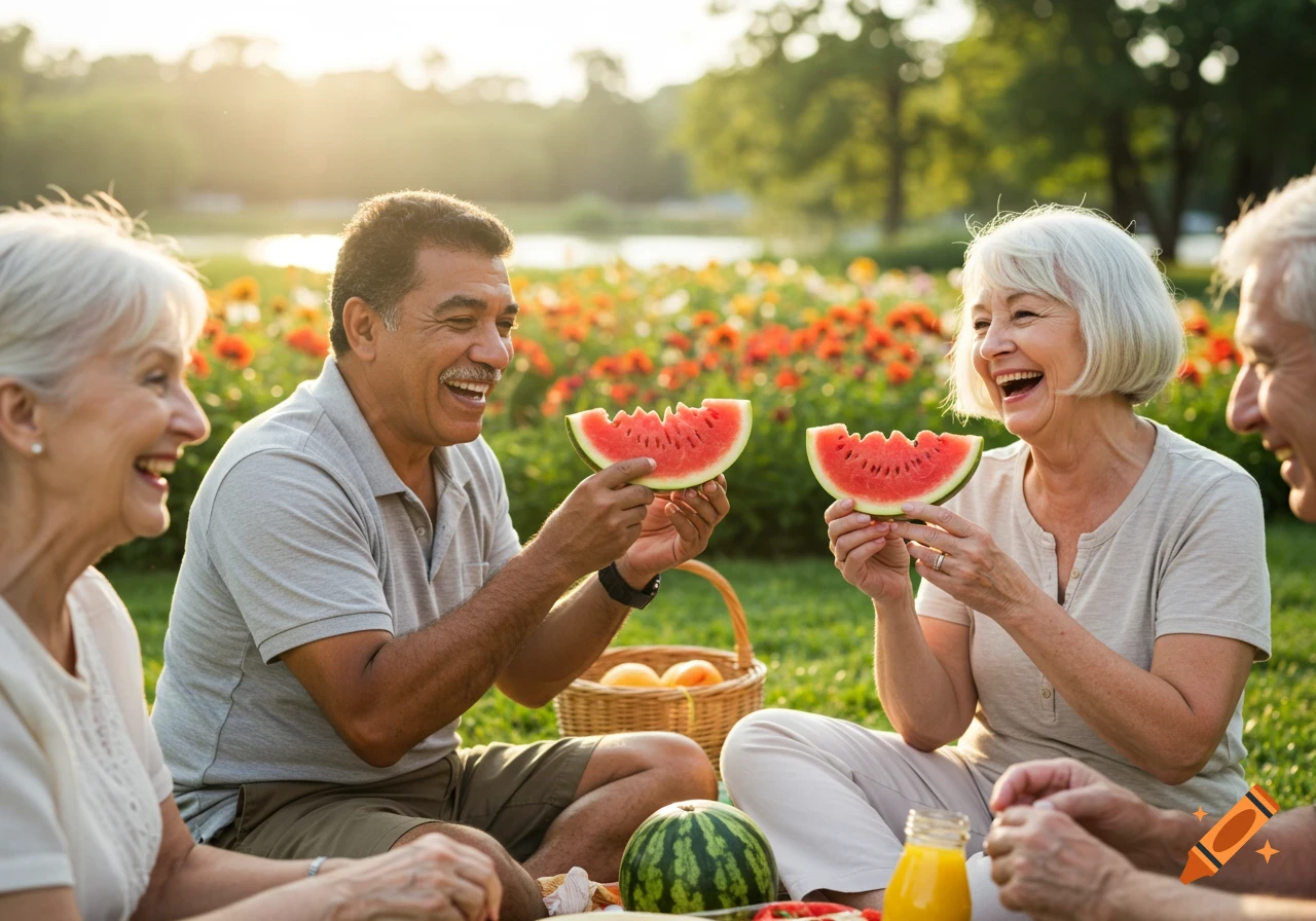 Smiling older adults enjoy a picnic in a park, holding watermelon slices.