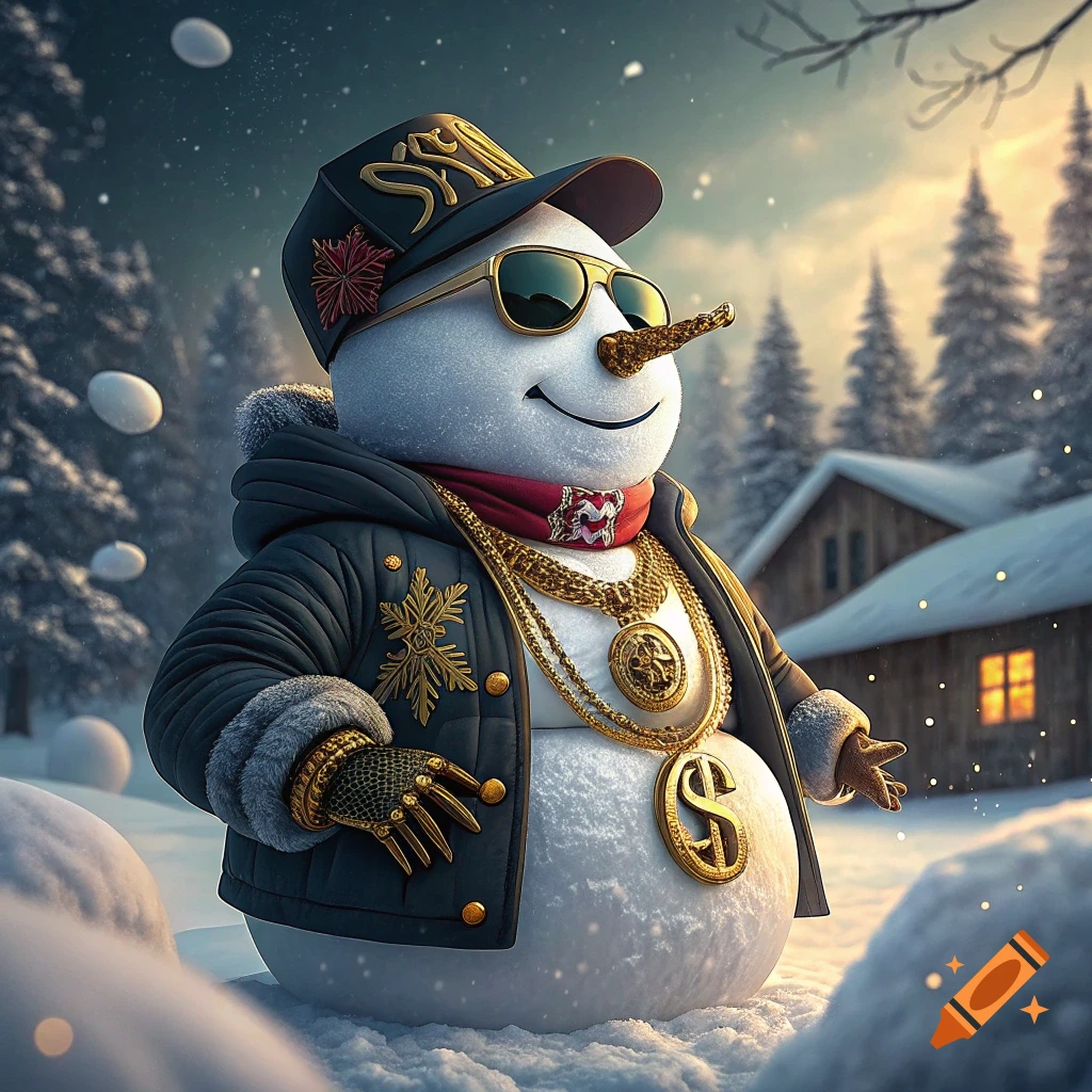 A photorealistic snowman in streetwear, sunglasses, and gold chains stands in a snowy winter scene.