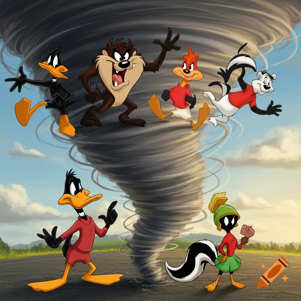 Looney Tunes characters including Taz, Daffy Duck, and Marvin the Martian standing around a large tornado.