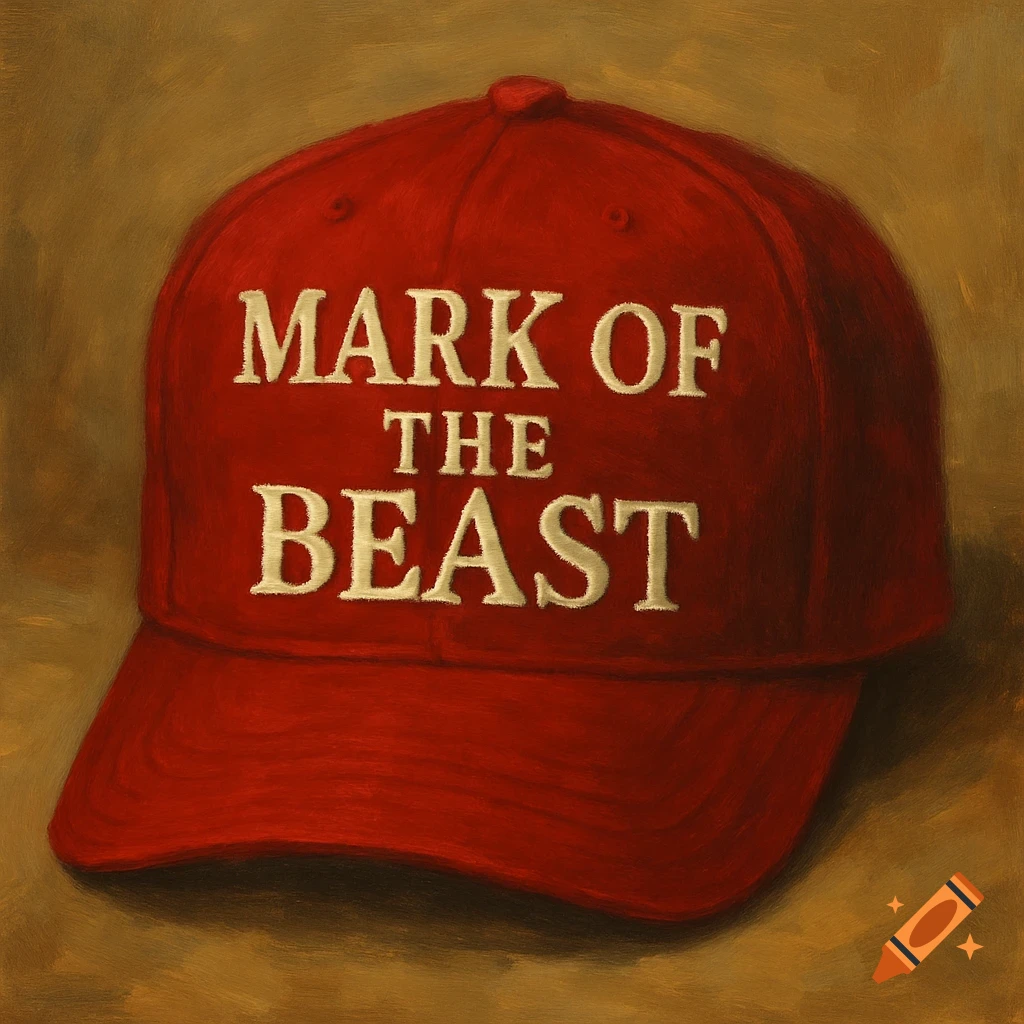 Painting of a red baseball cap with 'MARK OF THE BEAST' written on it.