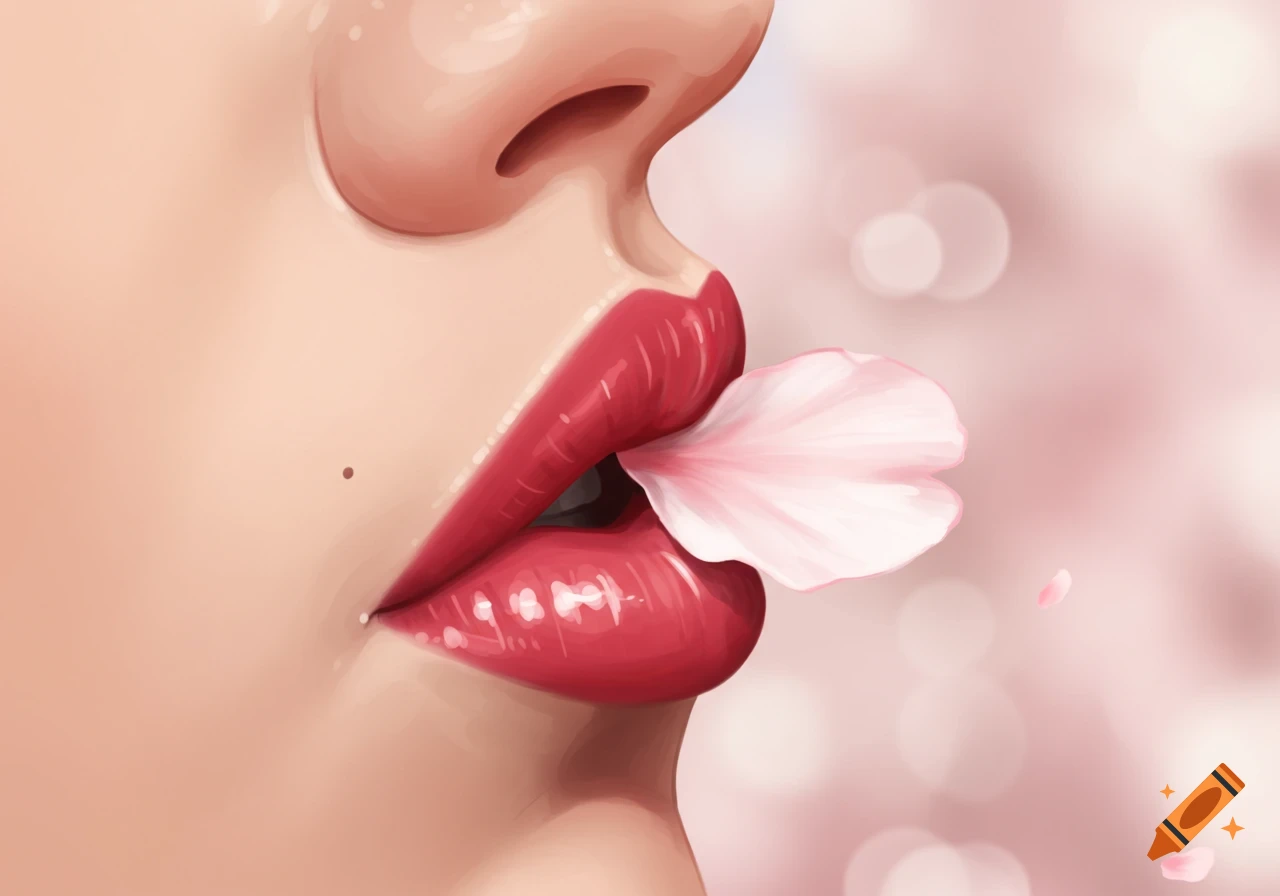 Close-up digital painting of glossy red lips holding a pink cherry blossom petal against a blurry pink background.