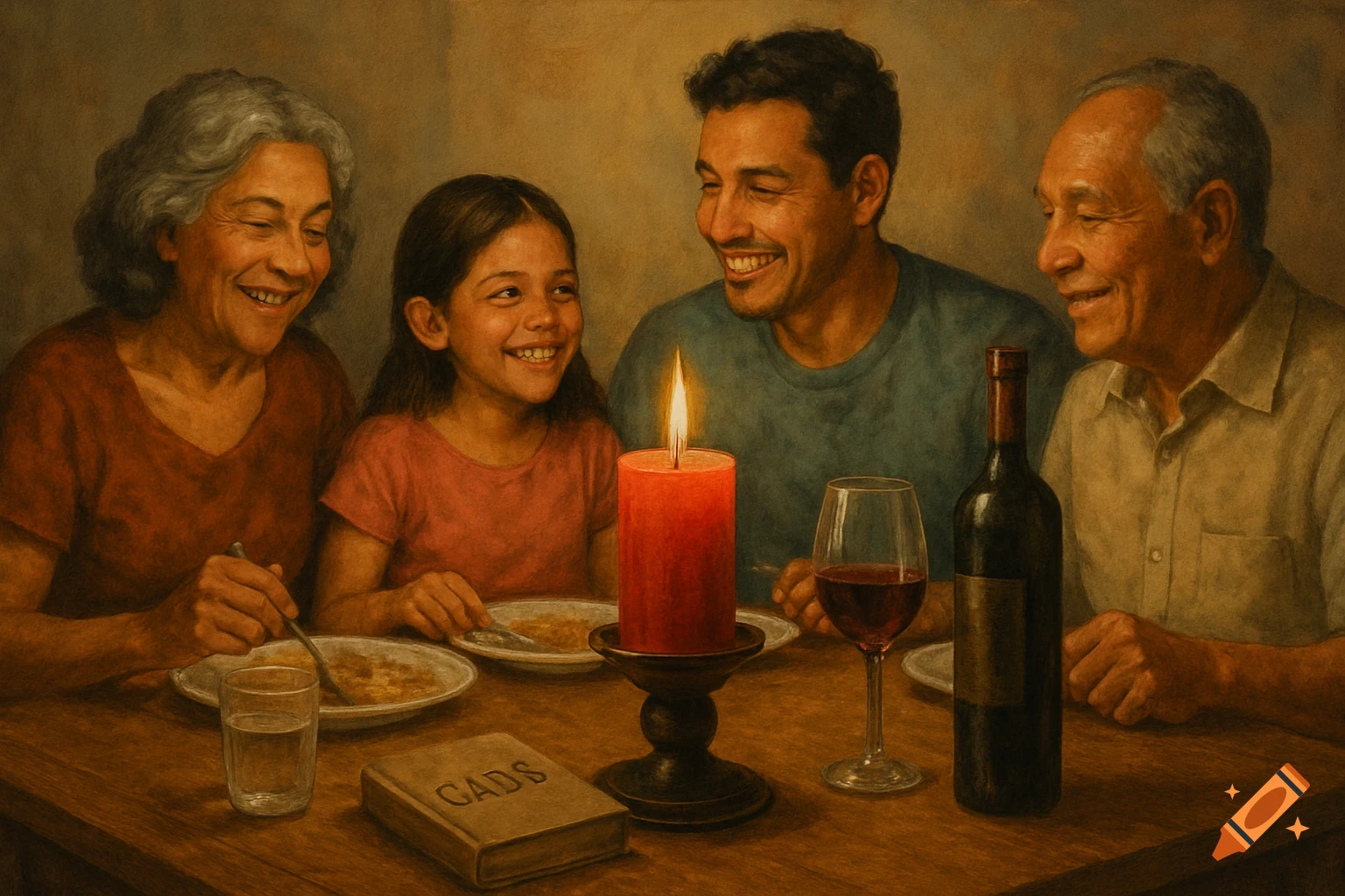 A family dines together at a table by candlelight in a painting.