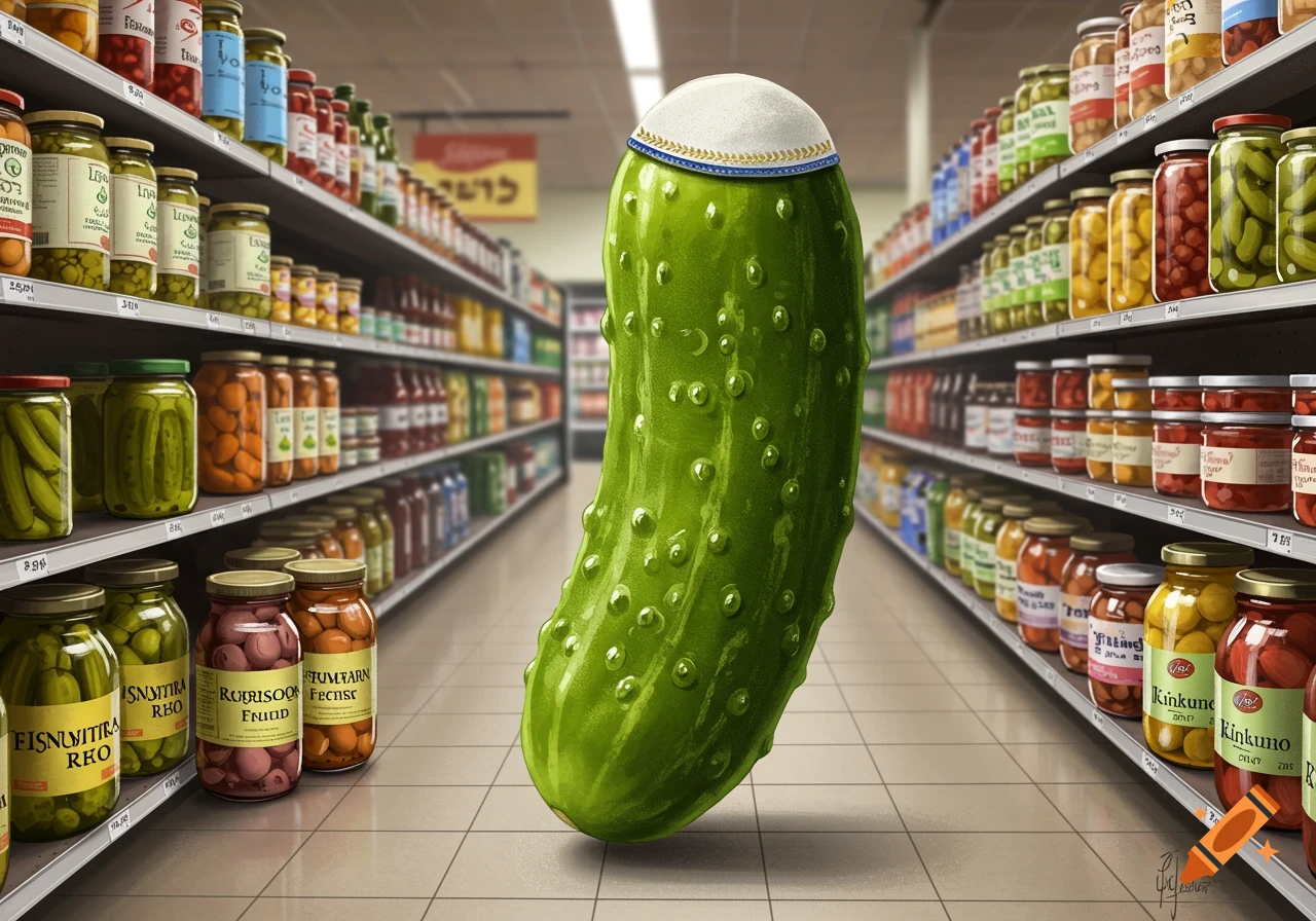 A large pickle wearing a kippah stands in the aisle of a grocery store.