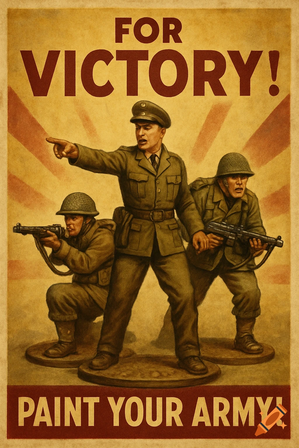 WWII propaganda style poster showing military miniatures with text 'FOR VICTORY!' and 'PAINT YOUR ARMY!'