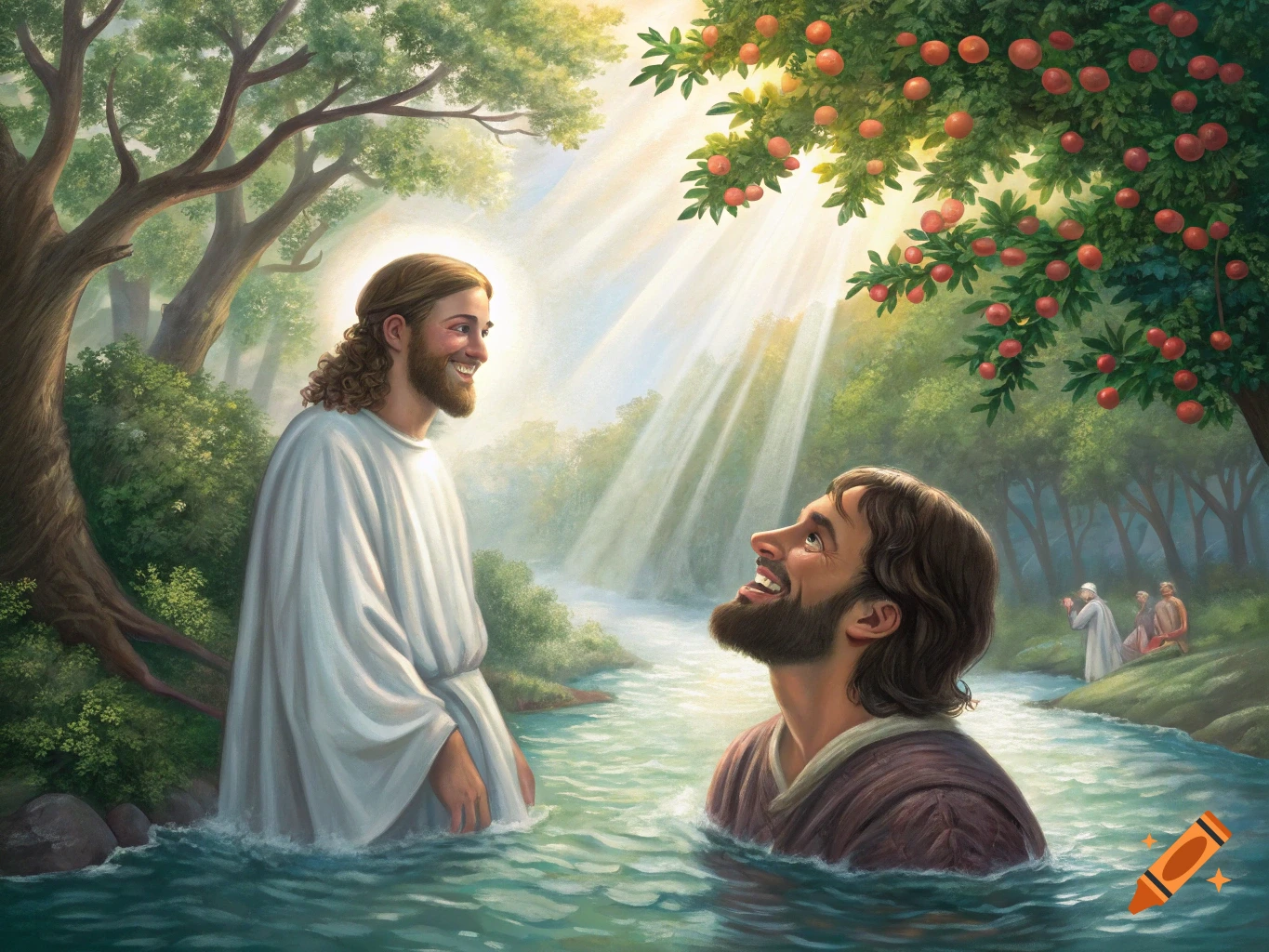 Painting of Jesus and John the Baptist in a river, sunlight streaming through trees. Religious scene.