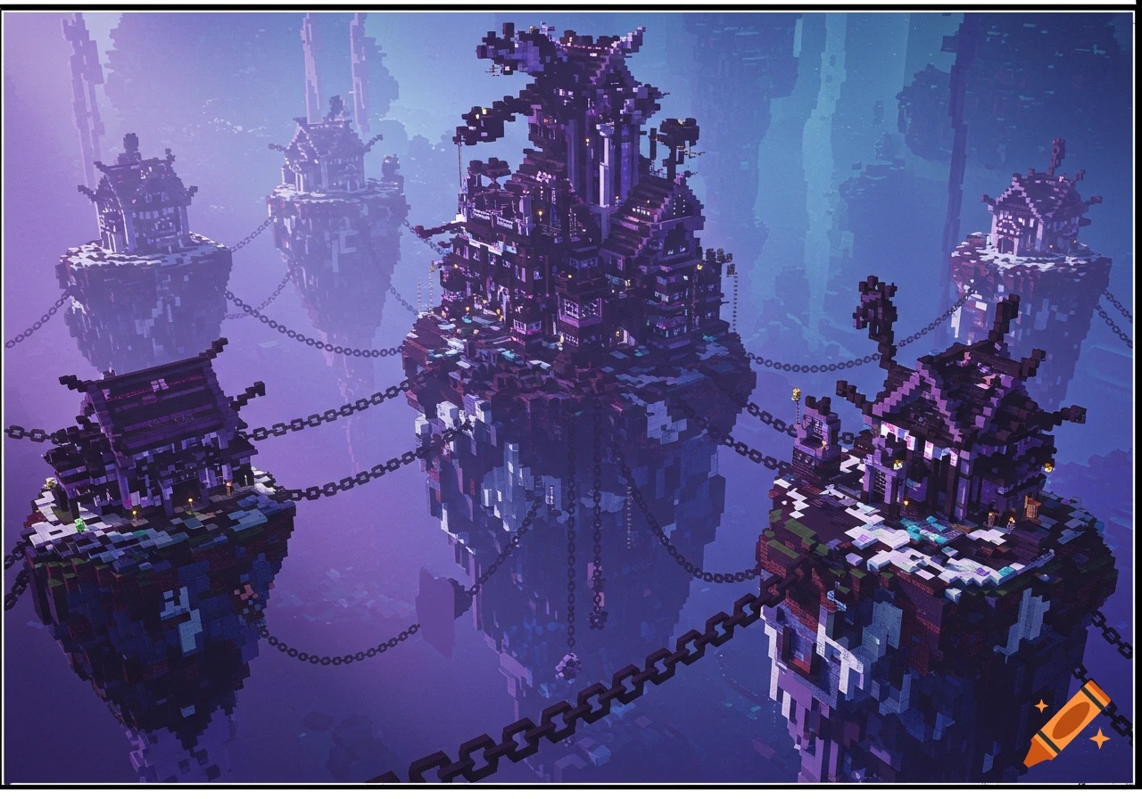 Voxel art of floating islands connected by chains with blocky buildings, inspired by Minecraft.