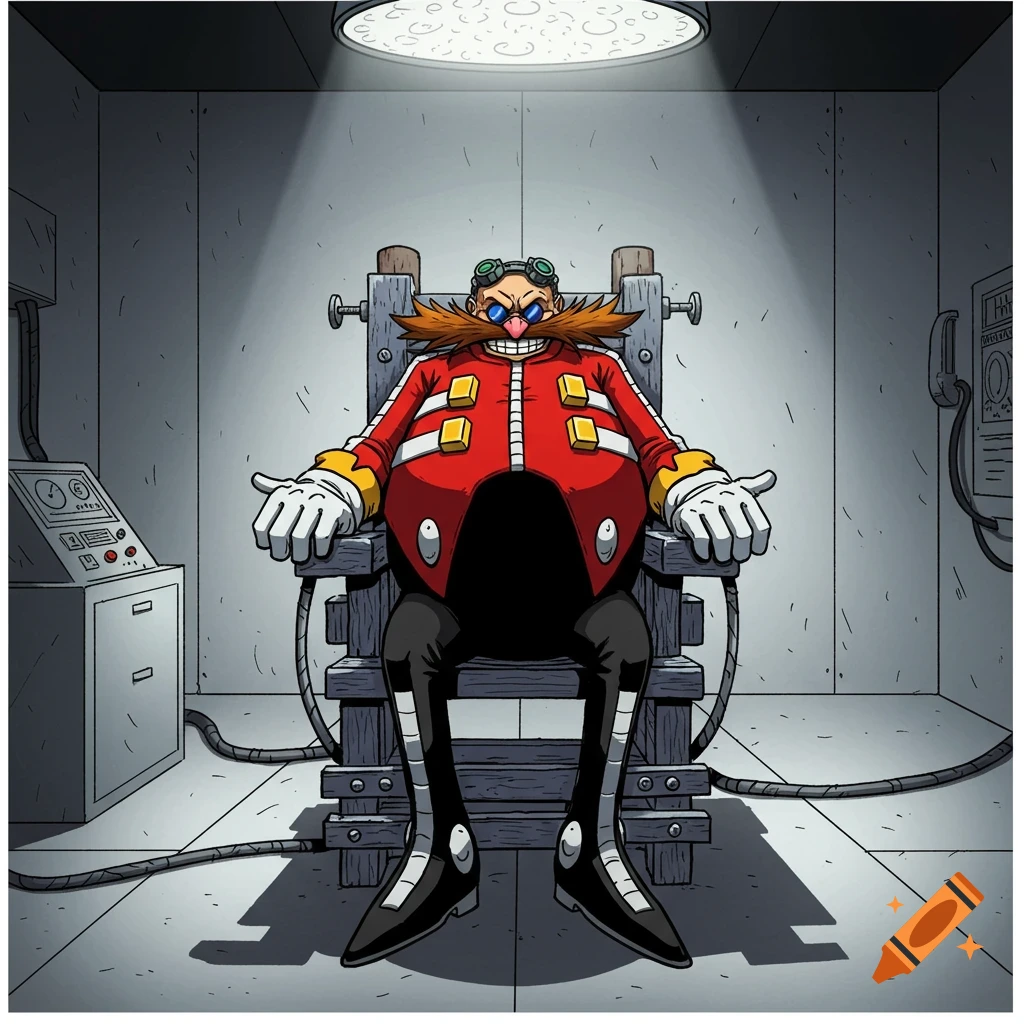 Cartoon illustration of Dr. Eggman sitting in an electric chair.