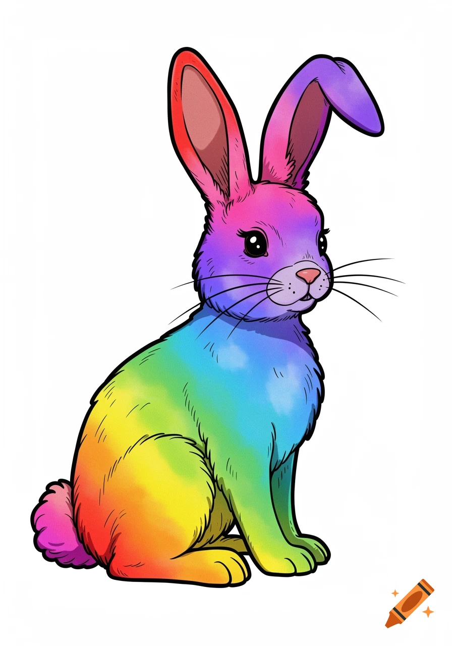 An illustration of a rabbit colored with rainbow stripes, sitting and looking to the right.