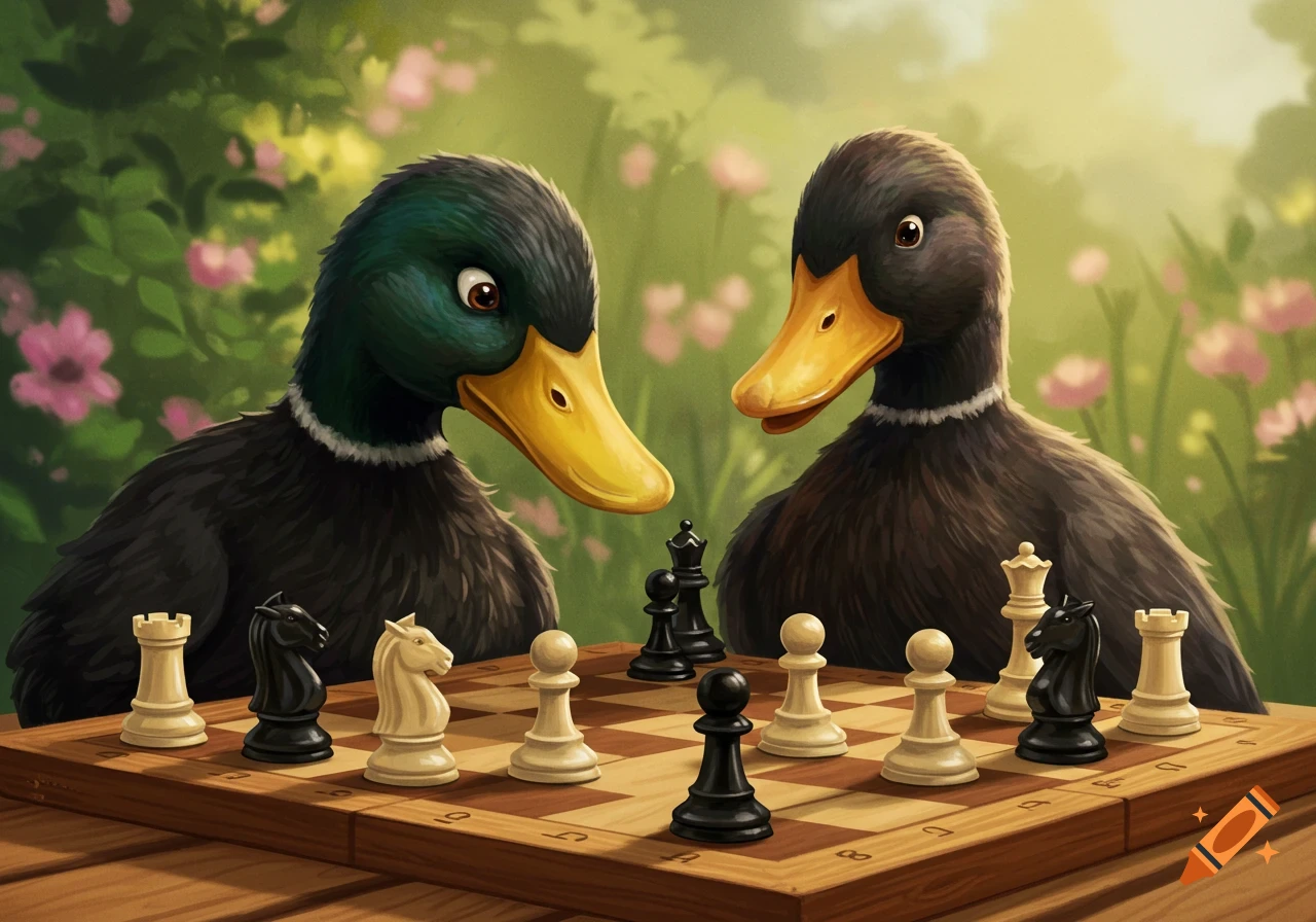 Two cartoon-style ducks play chess on a board in a sunny garden.