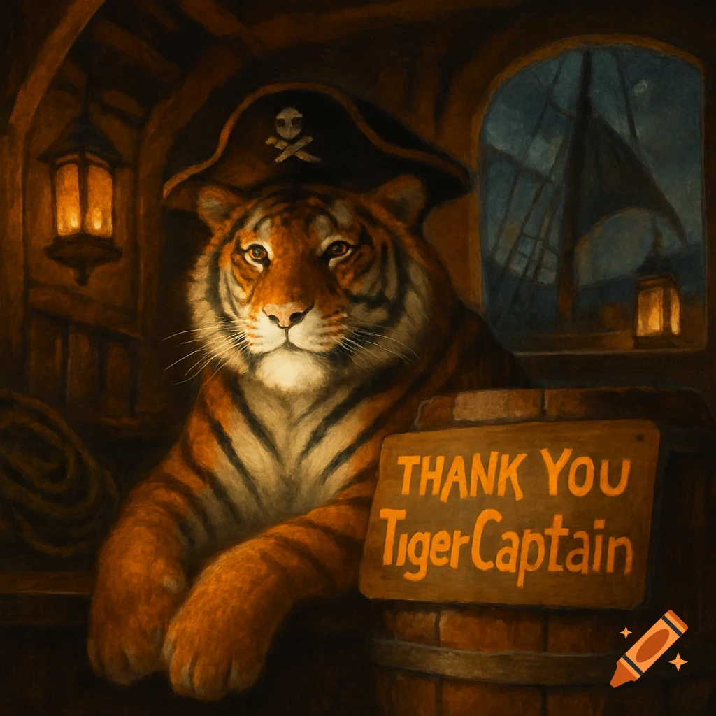 A tiger wearing a pirate hat sits in a ship cabin next to a sign that says 'Thank You TigerCaptain'.