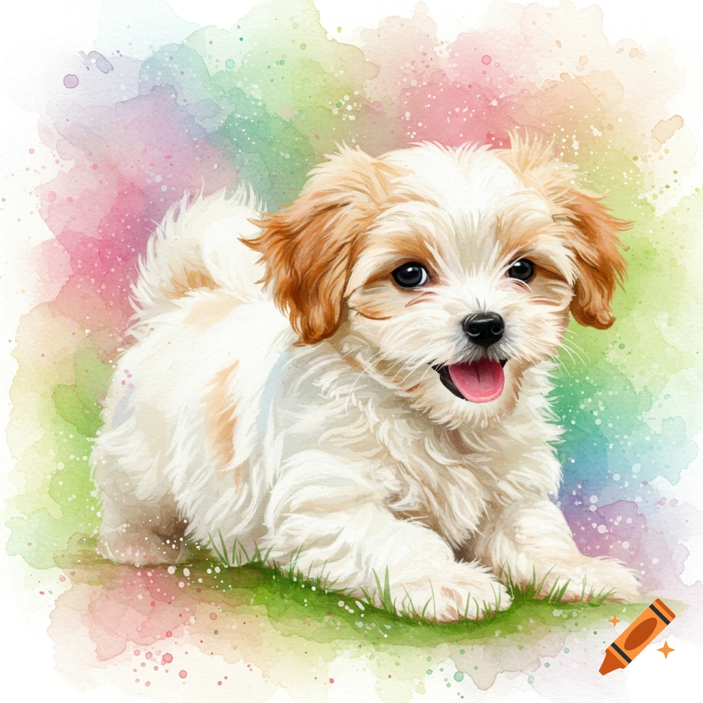 A fluffy Bichon Frise Lhasa Apso mix puppy smiles, sitting on grass with a colorful watercolor background.