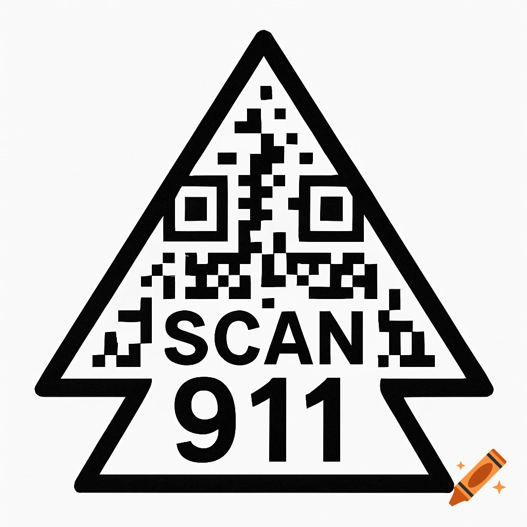 Black and white triangular symbol with QR code and text SCAN 911